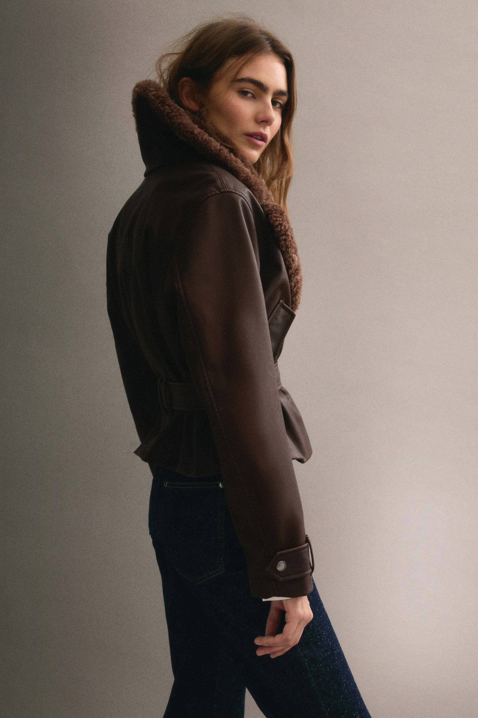 Teddy-collared biker jacket - Dark brown - 3