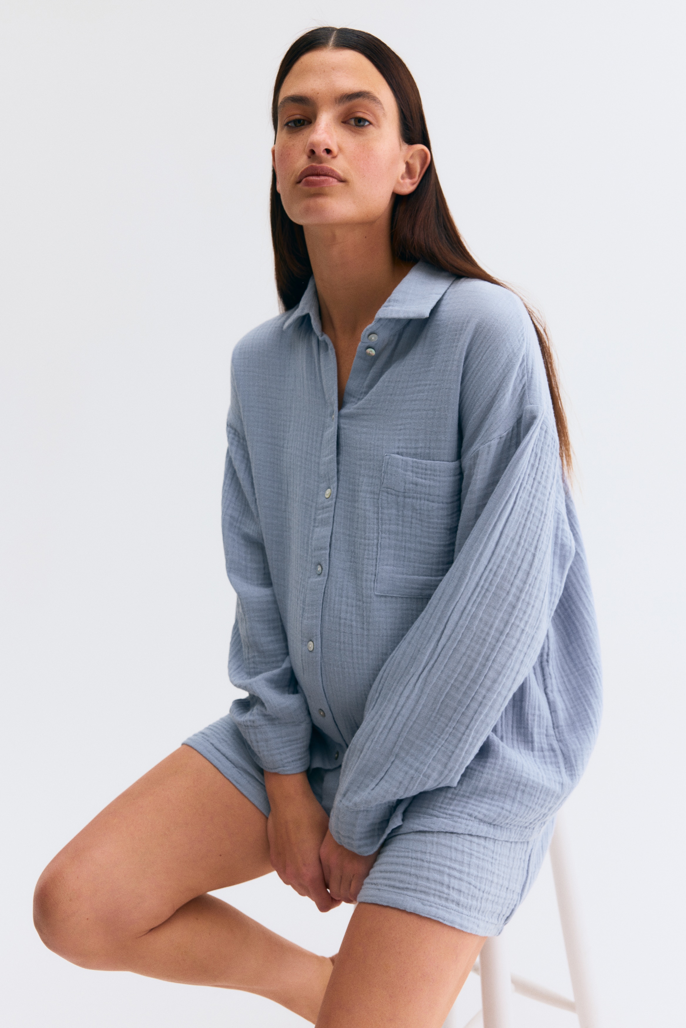 MAMA Pyjama en mousseline Before & After - Bleu ancien clair/Blanc/cœurs bleus/Blanc/rose/fleuri/Blanc/cœurs