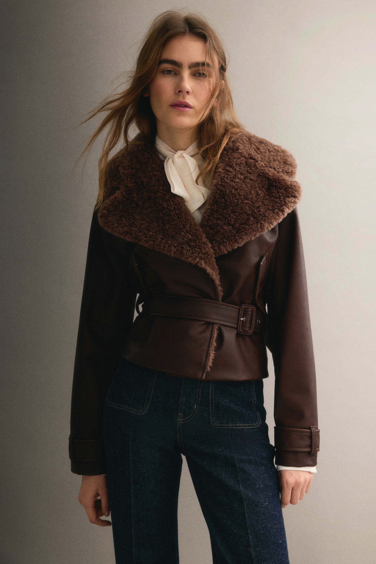 Teddy-collared biker jacket - Dark brown - 5