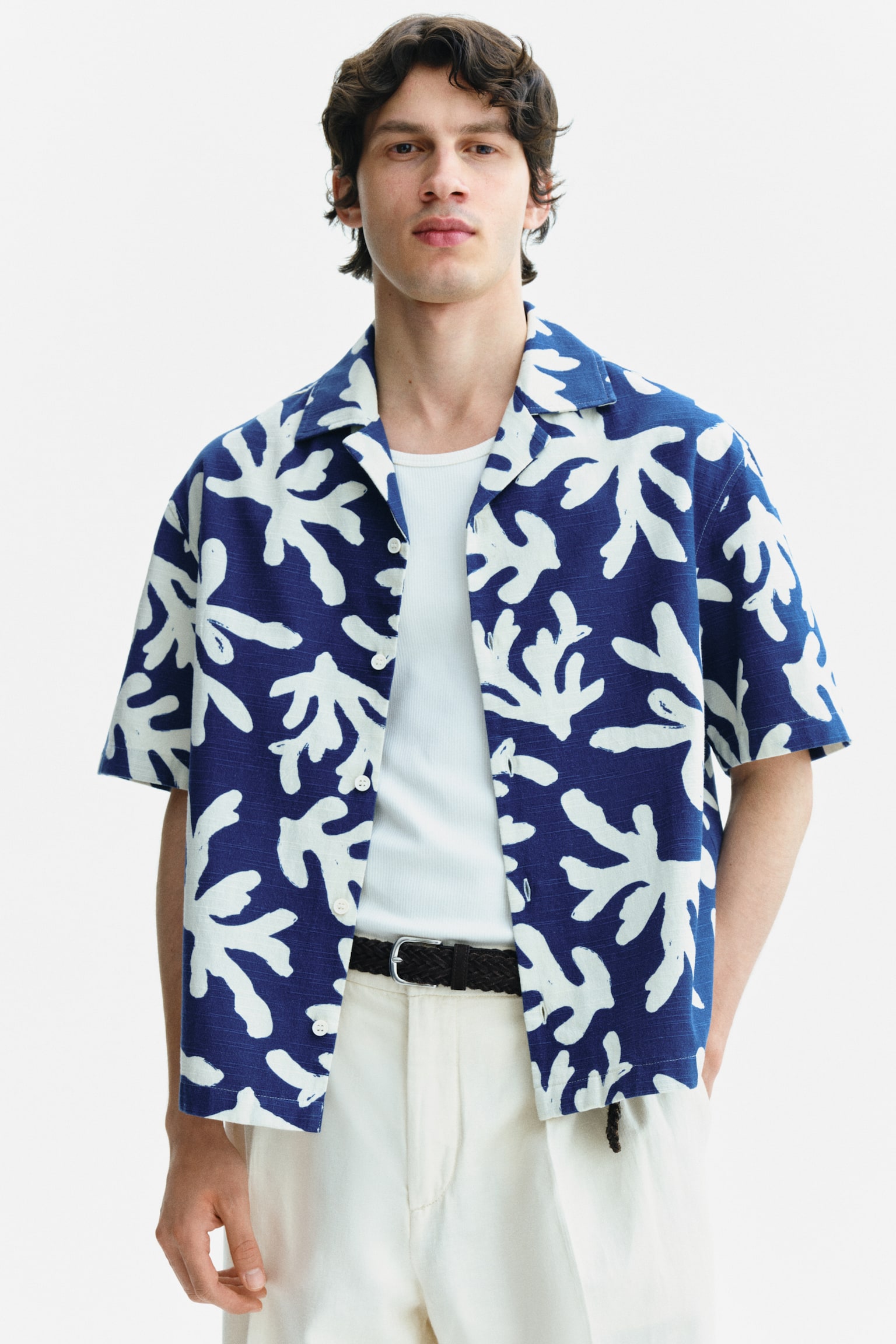 Relaxed Fit Resort shirt - Blue/Corals/Light beige/Corals - 1