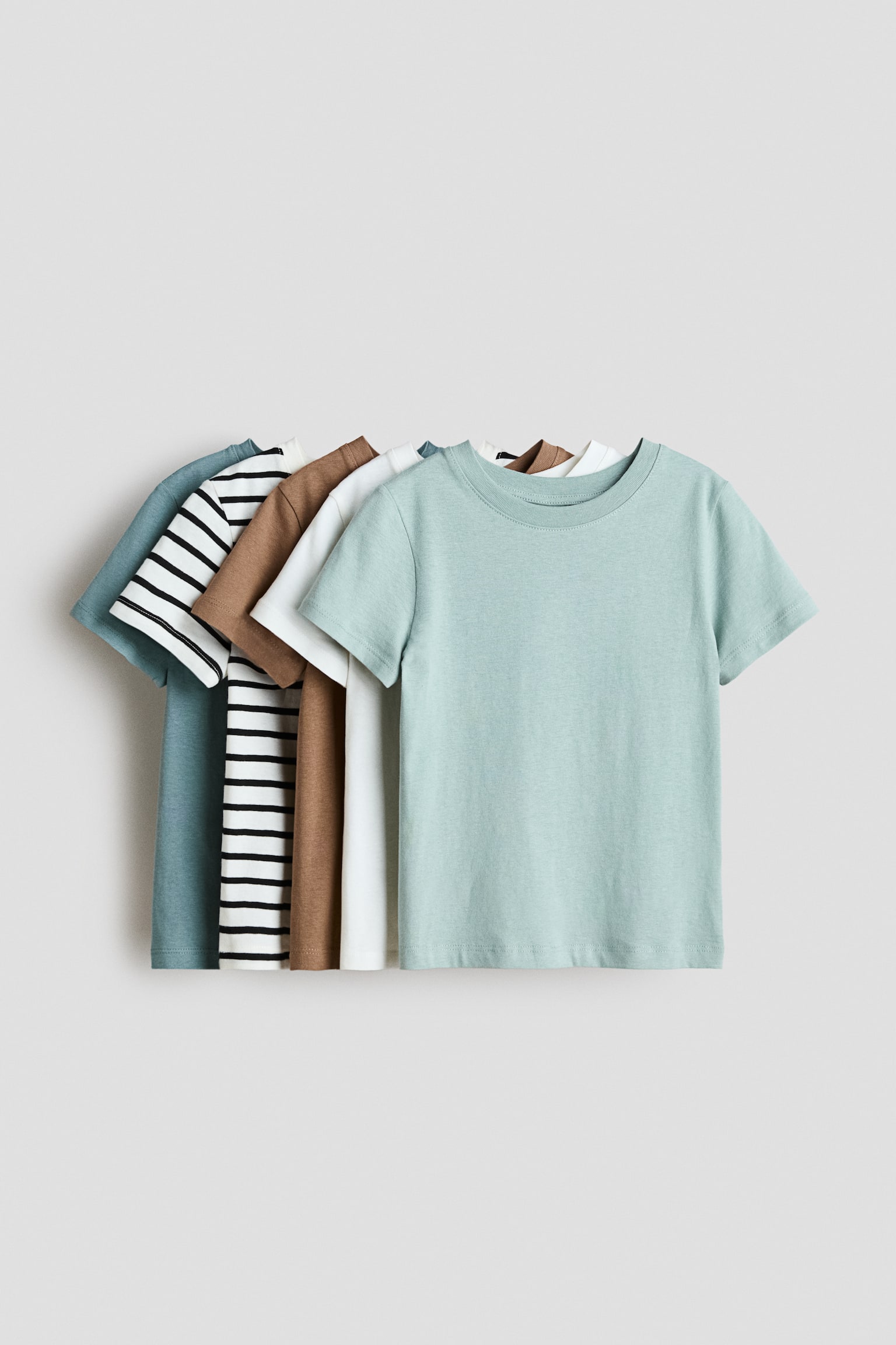Set van 5 katoenen T-shirts - Teal/gestreept/Bruin/zwart/donkergrijs/Blauw/lichtgrijs gemêleerd/Beige/blauw/roomwit/Donkergrijs/grijs gemêleerd/Blauw/wit/geel/Marineblauw/blauw