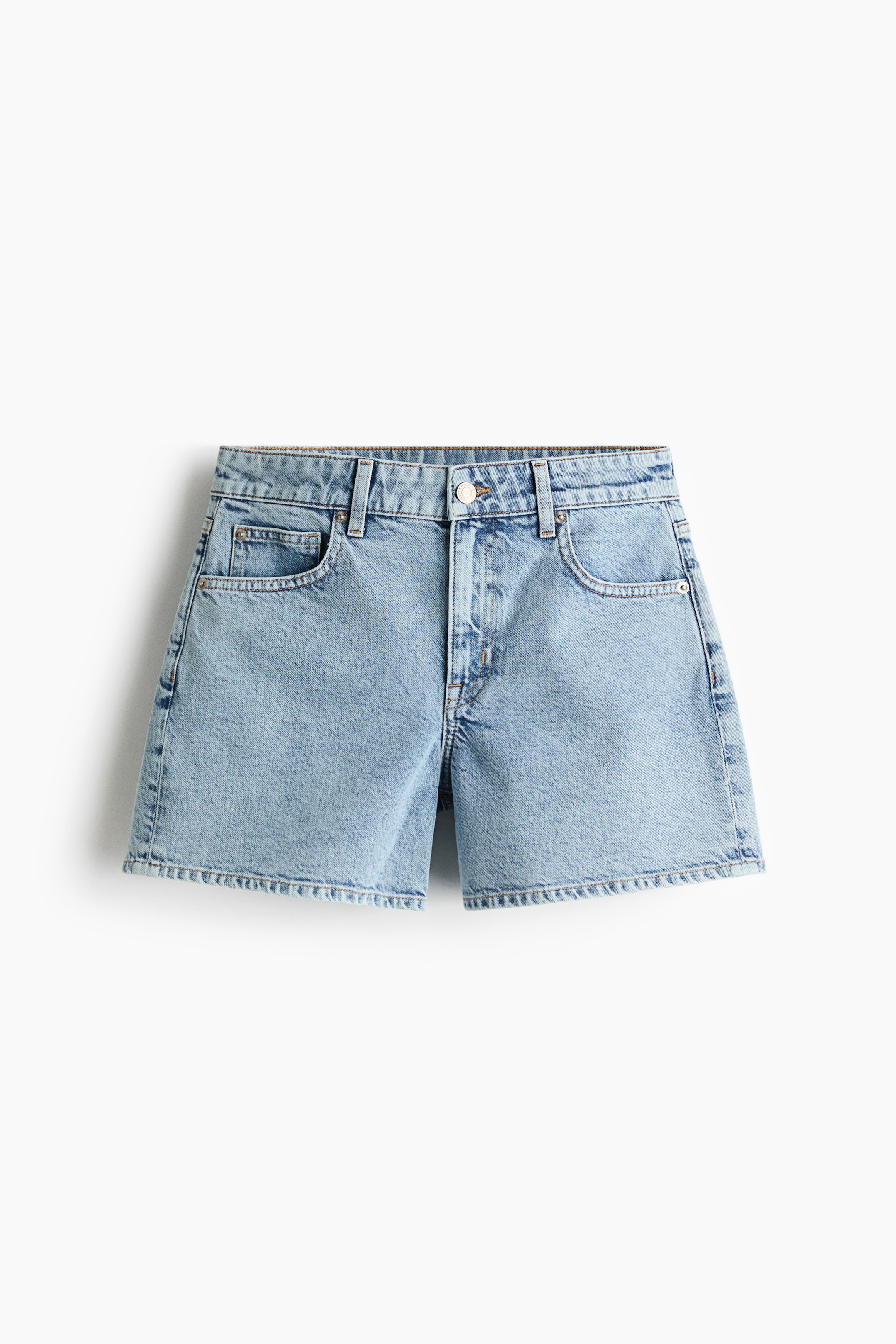 View larger image: These light blue denim shorts feature a front view, showcasing a regular waist with a silver button and zip fly closure. They are designed with five-pocket styling, including two visible front pockets and a coin pocket, and display a slightly faded texture.