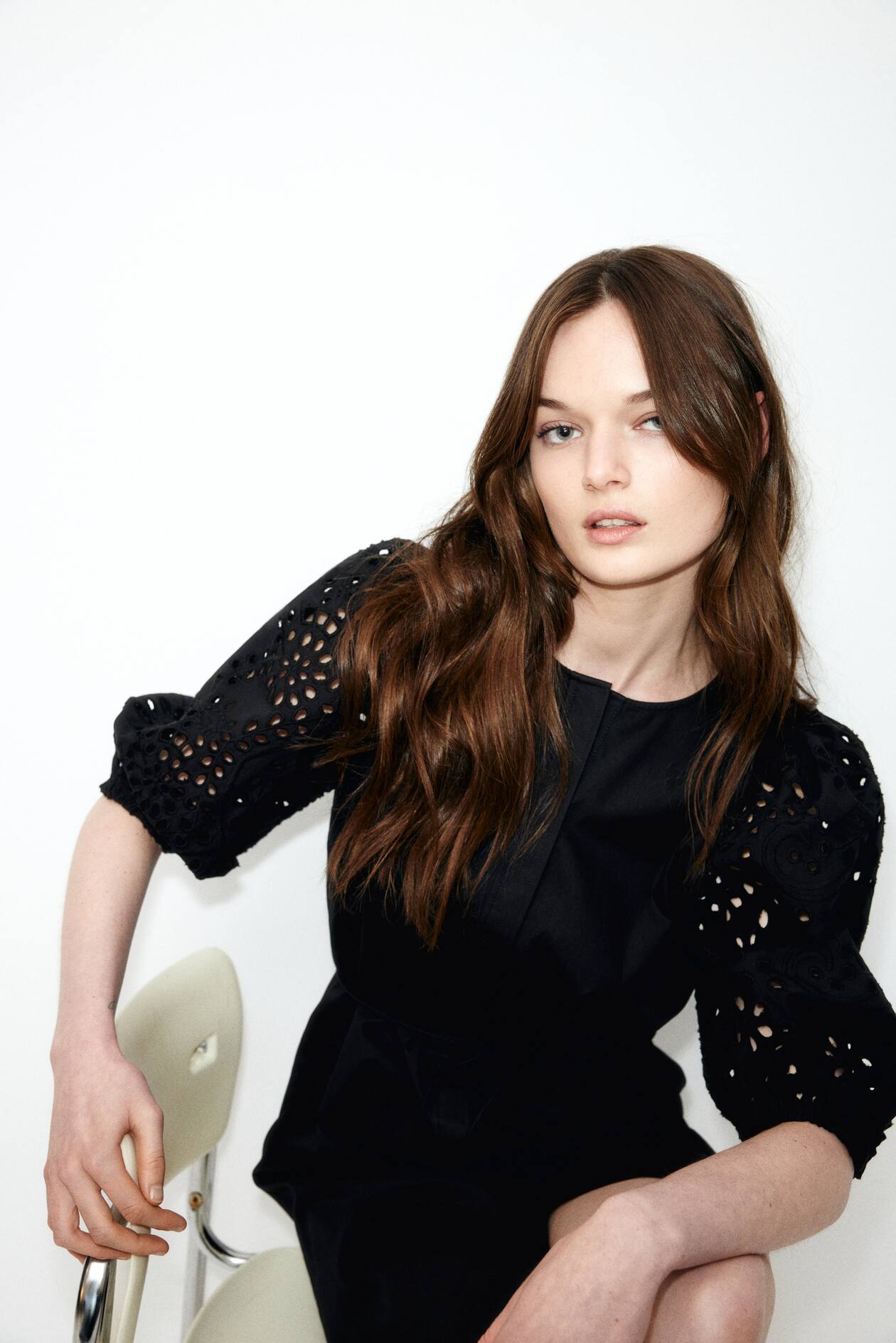 Dress with Eyelet-Embroidered Sleeves - image 3