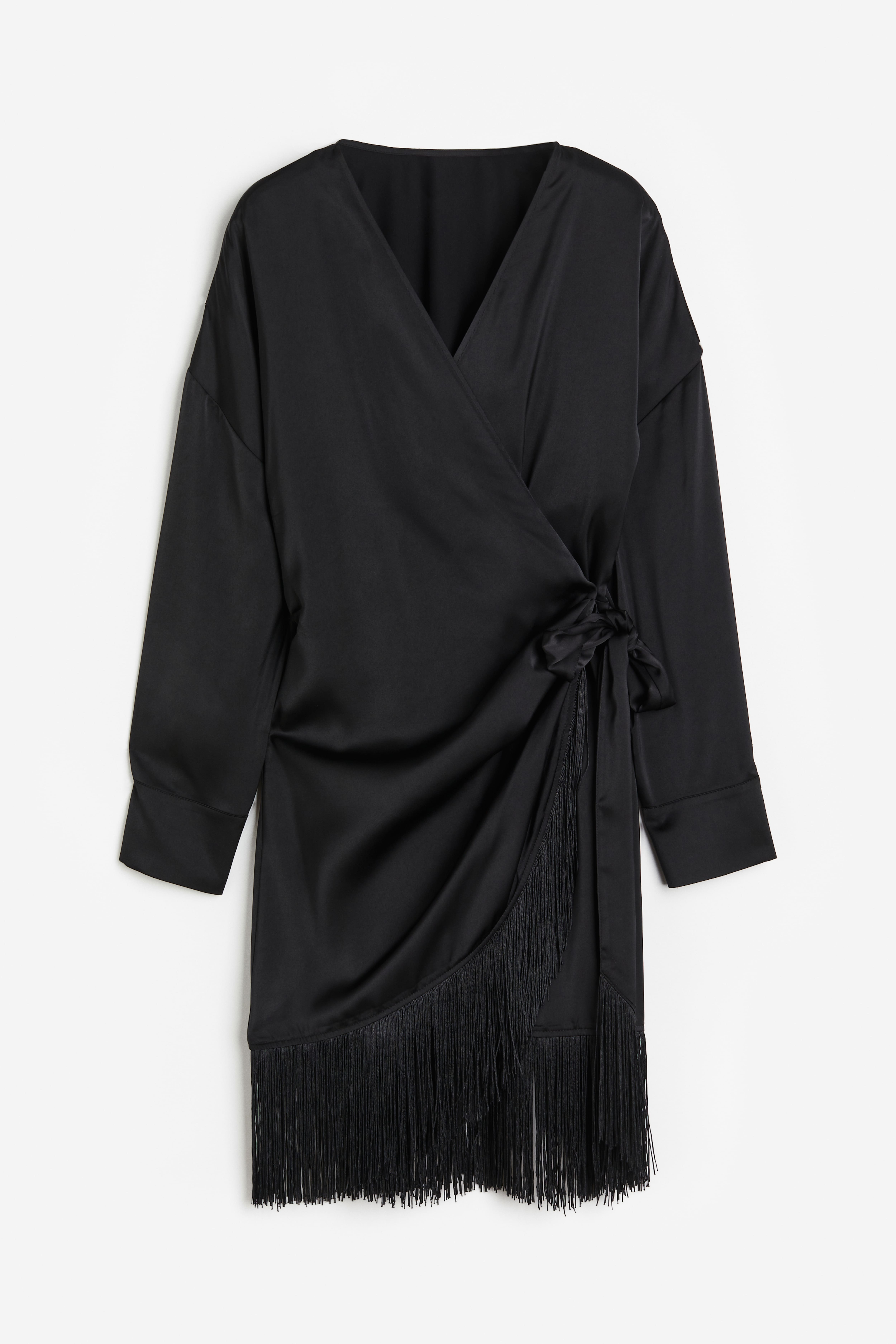 Fringe-trimmed Satin Wrap Dress - V-neck - Long sleeve - Black - Ladies |  H&M US