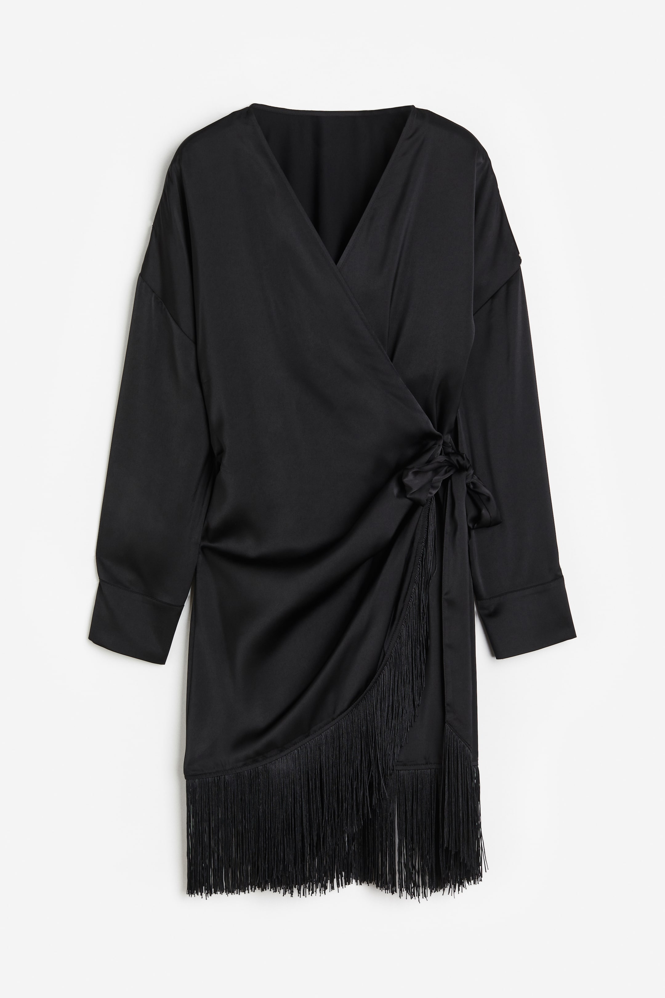 Fringe-trimmed Satin Wrap Dress