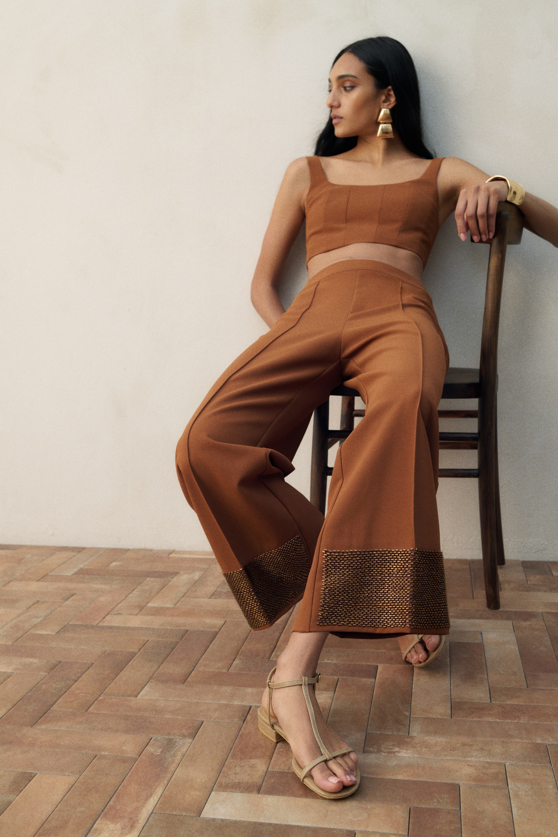 Ladies - Brown Bead-embellished trousers - Size: 14  - H&M