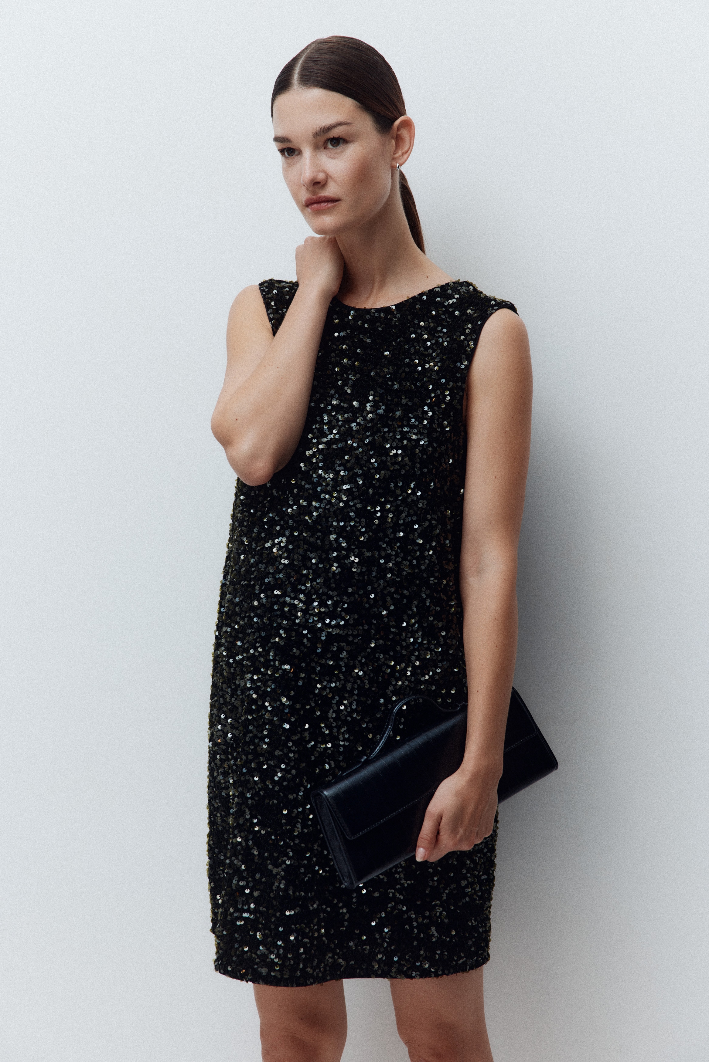 MAMA Haljina sa šljokicama i ukrasnom mašnom - Tamnozelena/Tamnosmeđa/Bela/crna