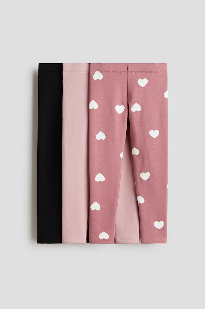 3-pack Brushed-Inside Jersey Leggings - Dusty pink/hearts/Dark gray/hearts/Pink/leopard print/Black/Black/dotted/Pink/hearts - 1