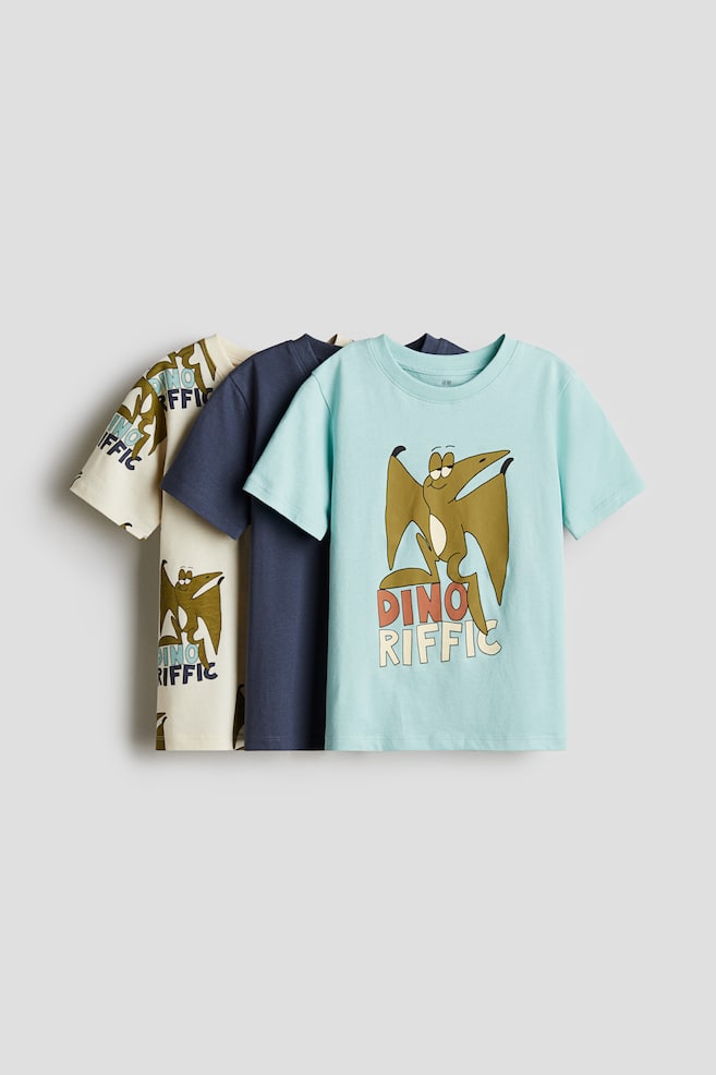 3-pack Printed T-shirts - Turquoise/Dinoriffic/Khaki green/Off Road - 1