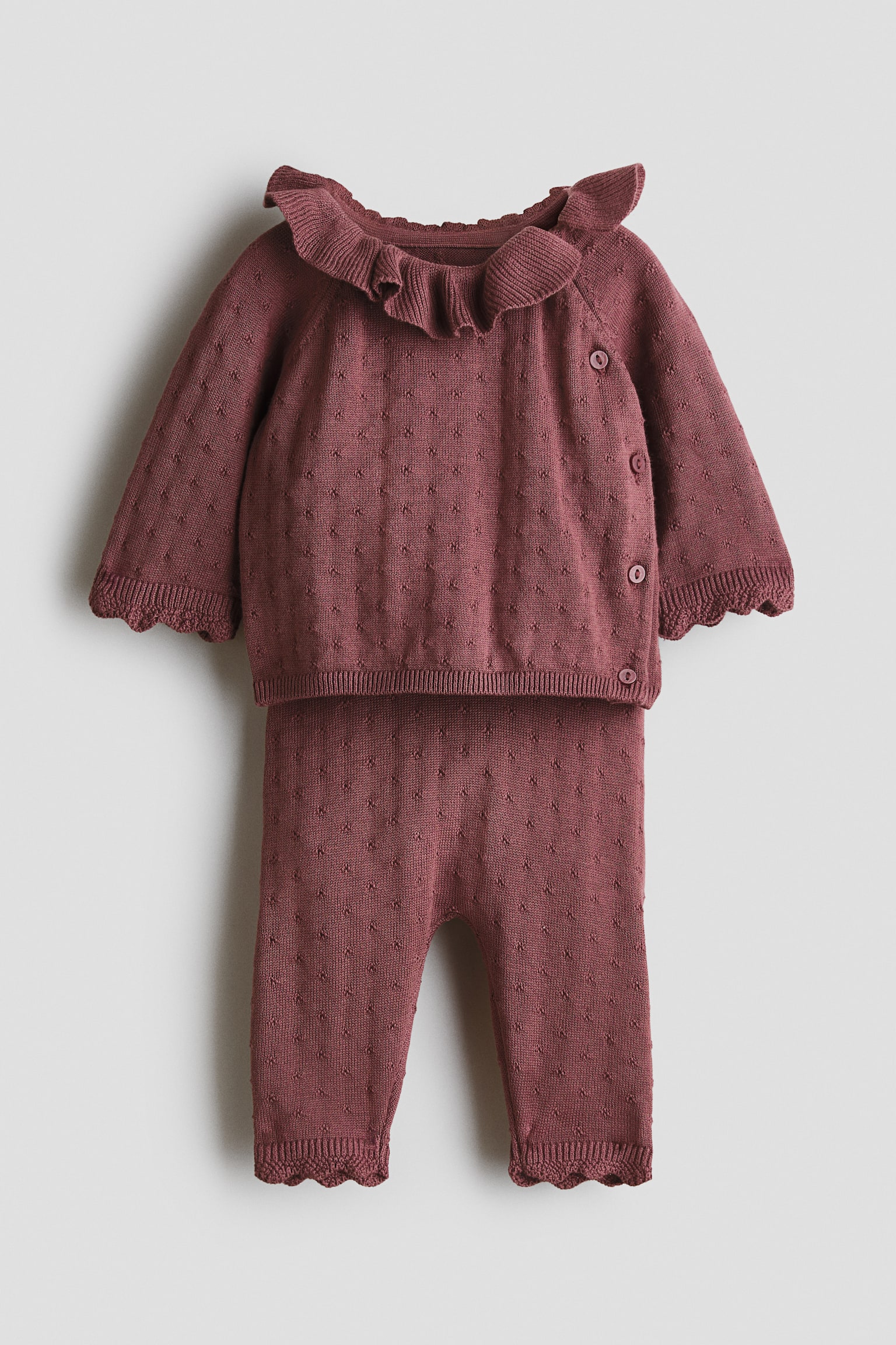 2-piece pointelle-knit set - Dark dusty pink/White