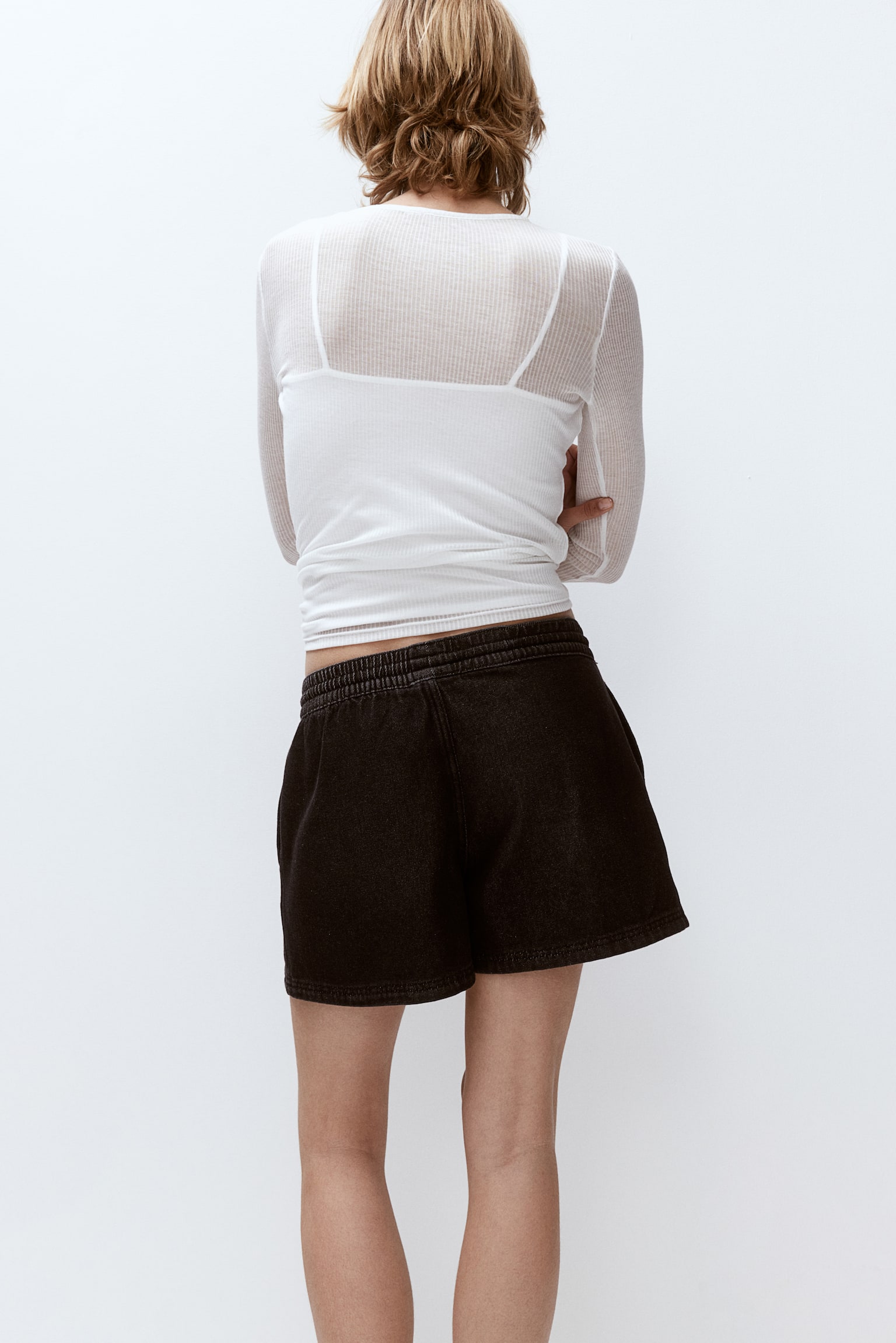 Denim pull-on shorts - Black/Light beige - 5