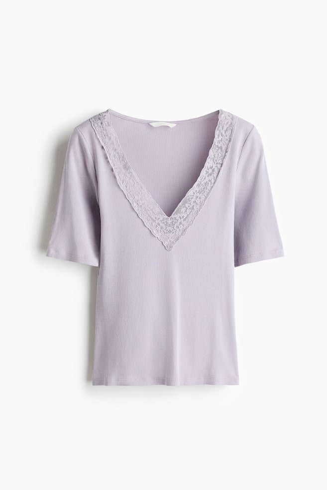 Ribbed V-Neck Top - Lilac/White - 1