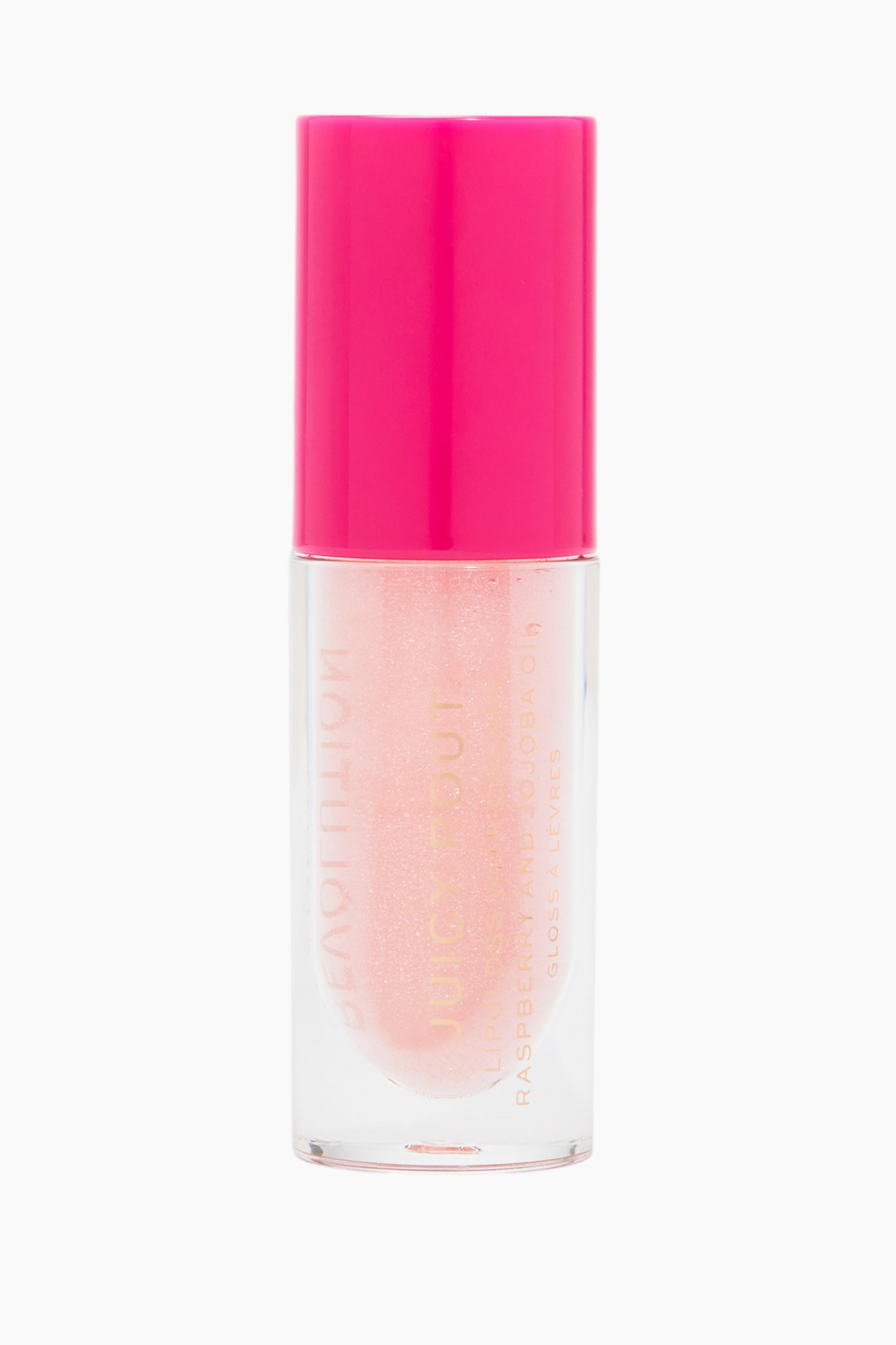 Größeres Bild ansehen: Ein zylindrischer Lipgloss-Behälter steht aufrecht und verfügt über einen soliden, leuchtend pinkfarbenen Deckel sowie eine transparente Flasche, die eine schimmernde, hellrosa Formel mit feinen Glitzerpartikeln erkennen lässt. Goldener Text verläuft vertikal auf der Vorderseite der transparenten Tube.