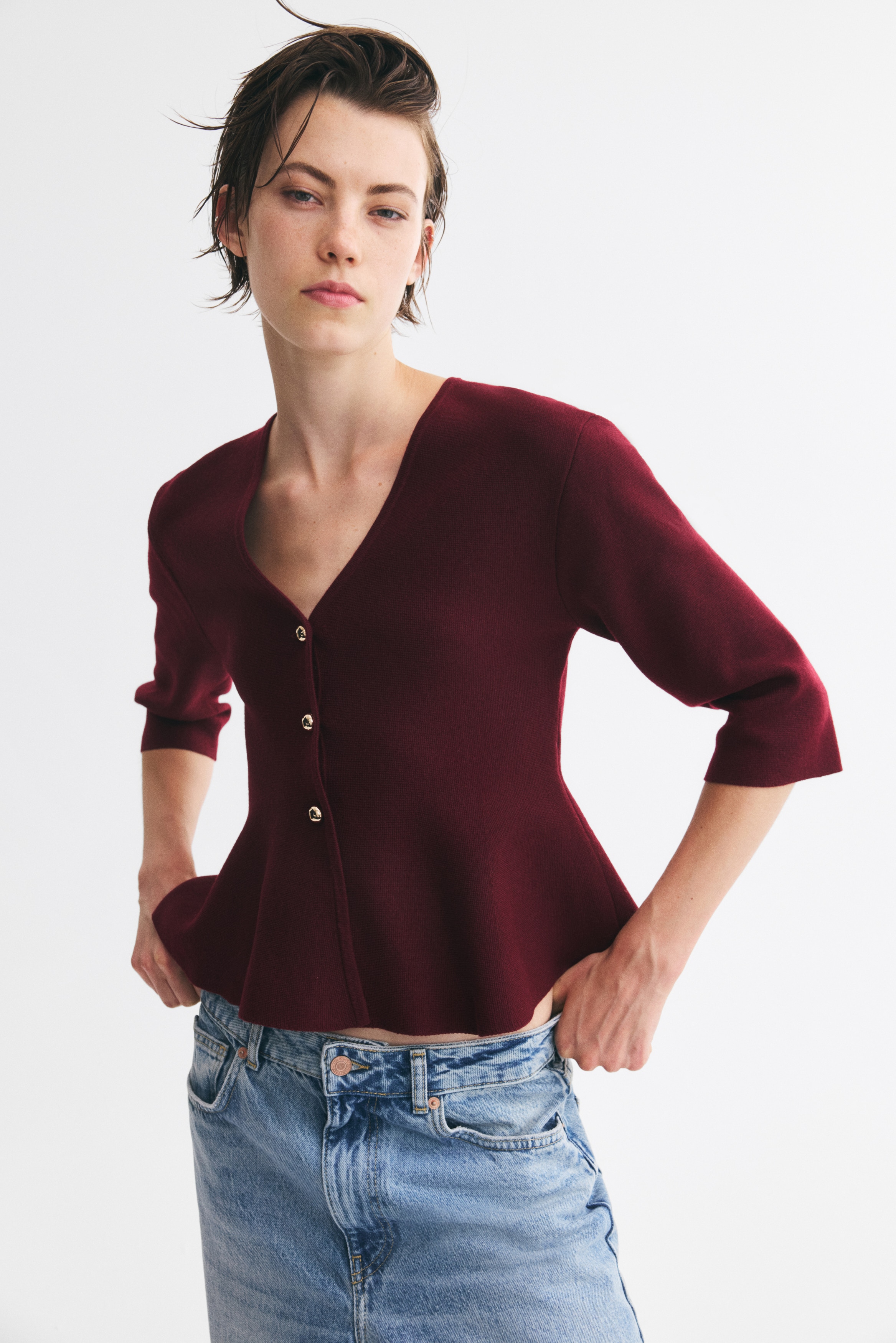 Fine-knit peplum cardigan - Weinrot/Hellbeige