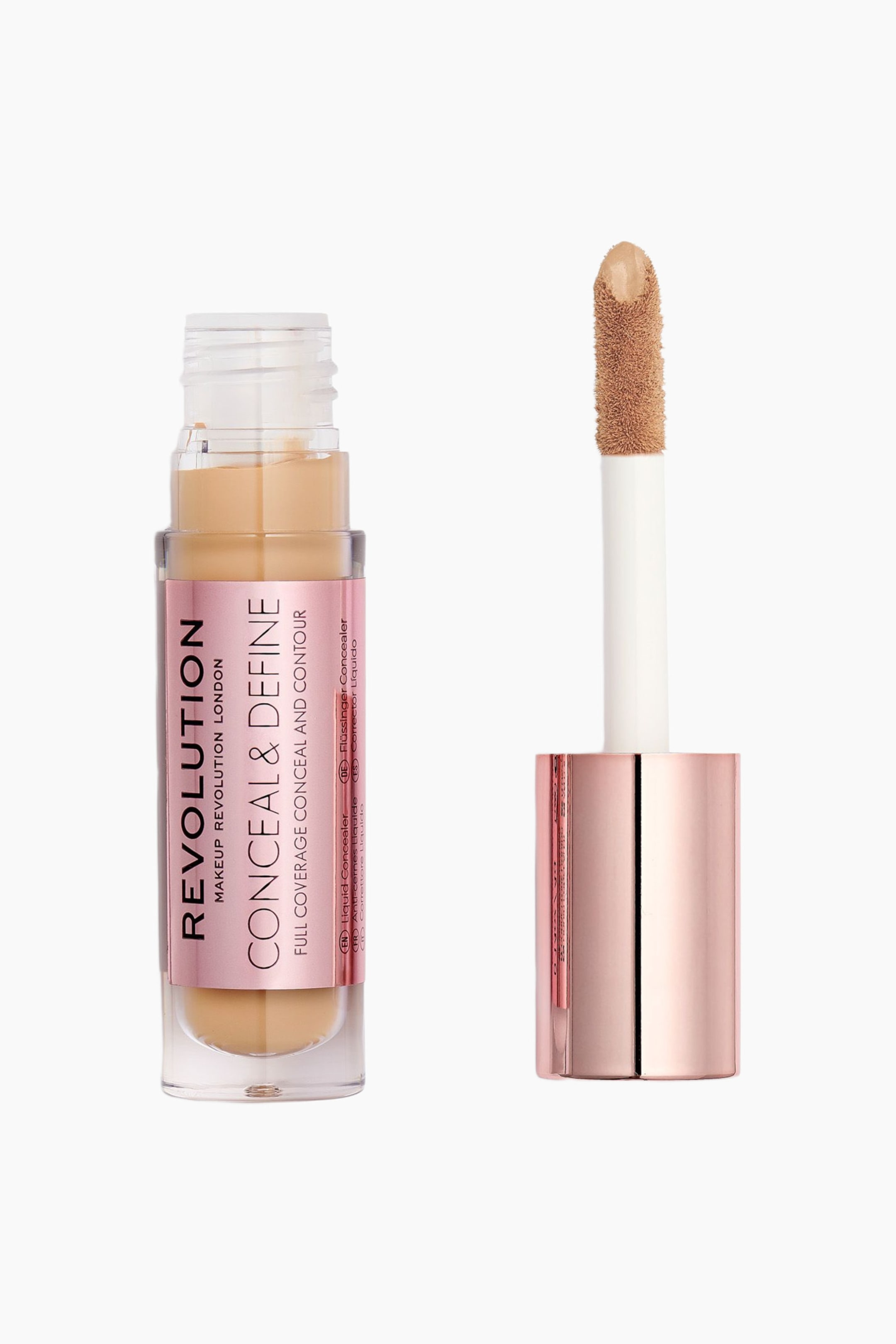 Visa större bild: En öppen, klar flaska med flytande concealer står till vänster och visar upp en ljusbeige nyans och en metalliskt rosa etikett. Till höger står den matchande applikatorstaven upprätt, med en metalliskt rosa kork, ett vitt skaft och en vinklad doe-foot-applikatorspets täckt av concealern.