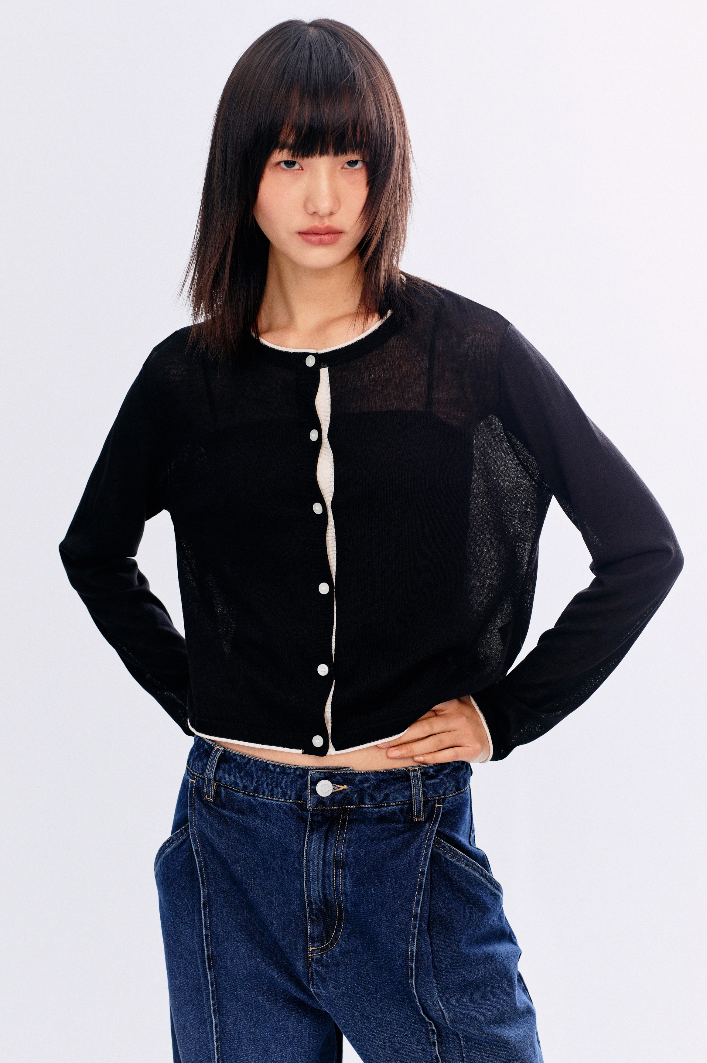 파인니트 가디건 - 블랙/터쿼이스