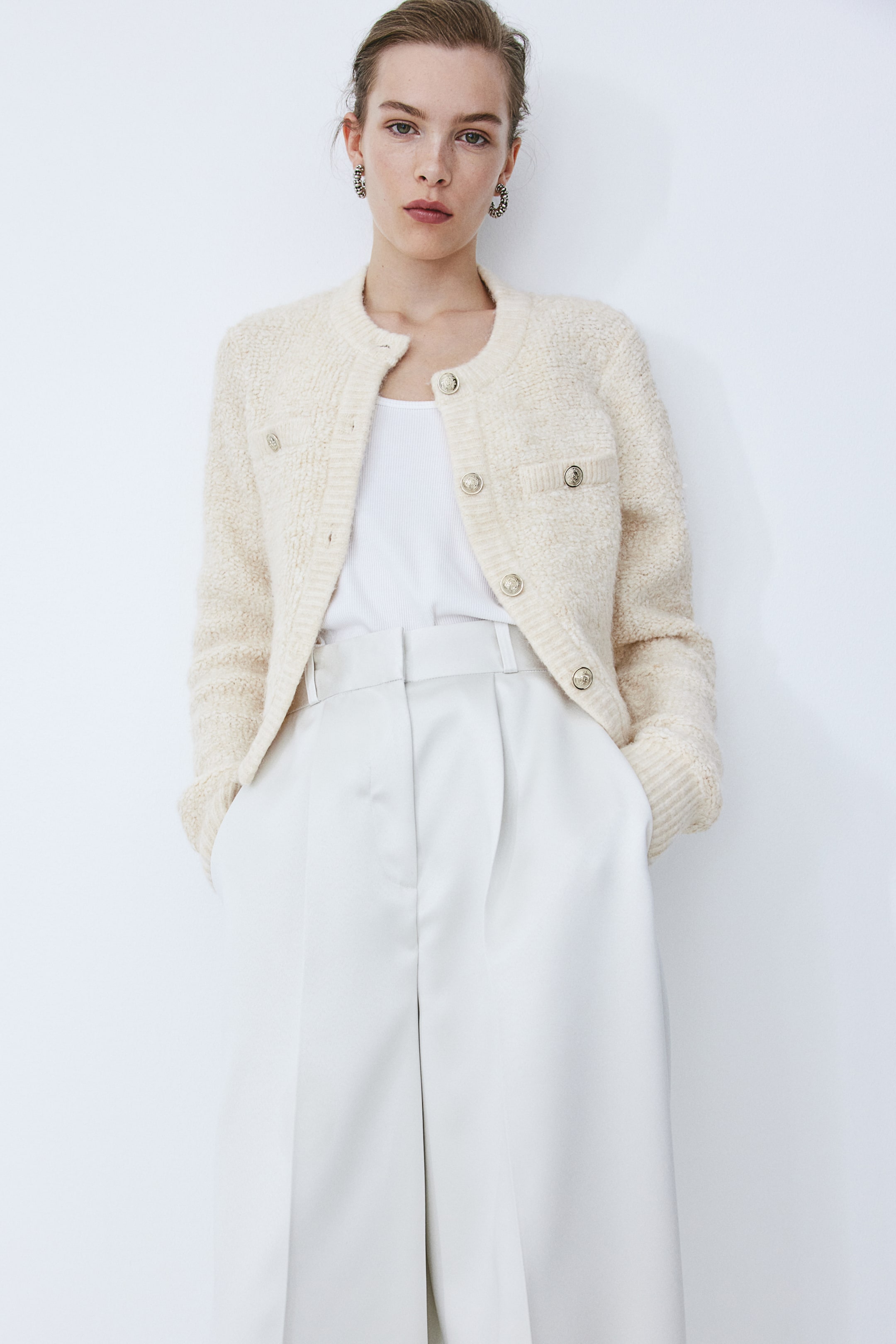 Bouclé cardigan - Round neck - Long sleeve - Cream - Ladies | H&M GB