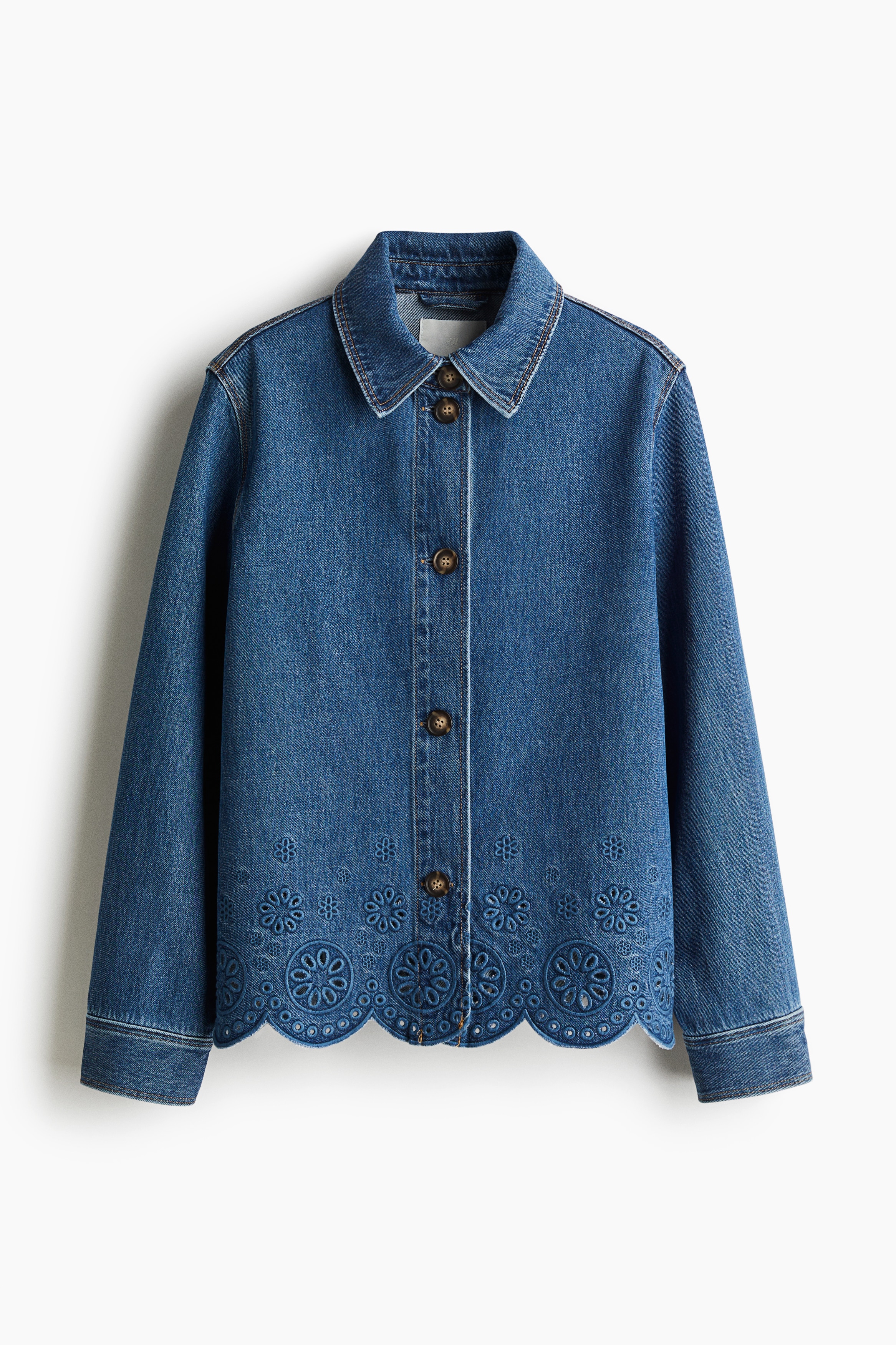 Broderie Anglaise Detail Denim Jacket - Denim blue/White