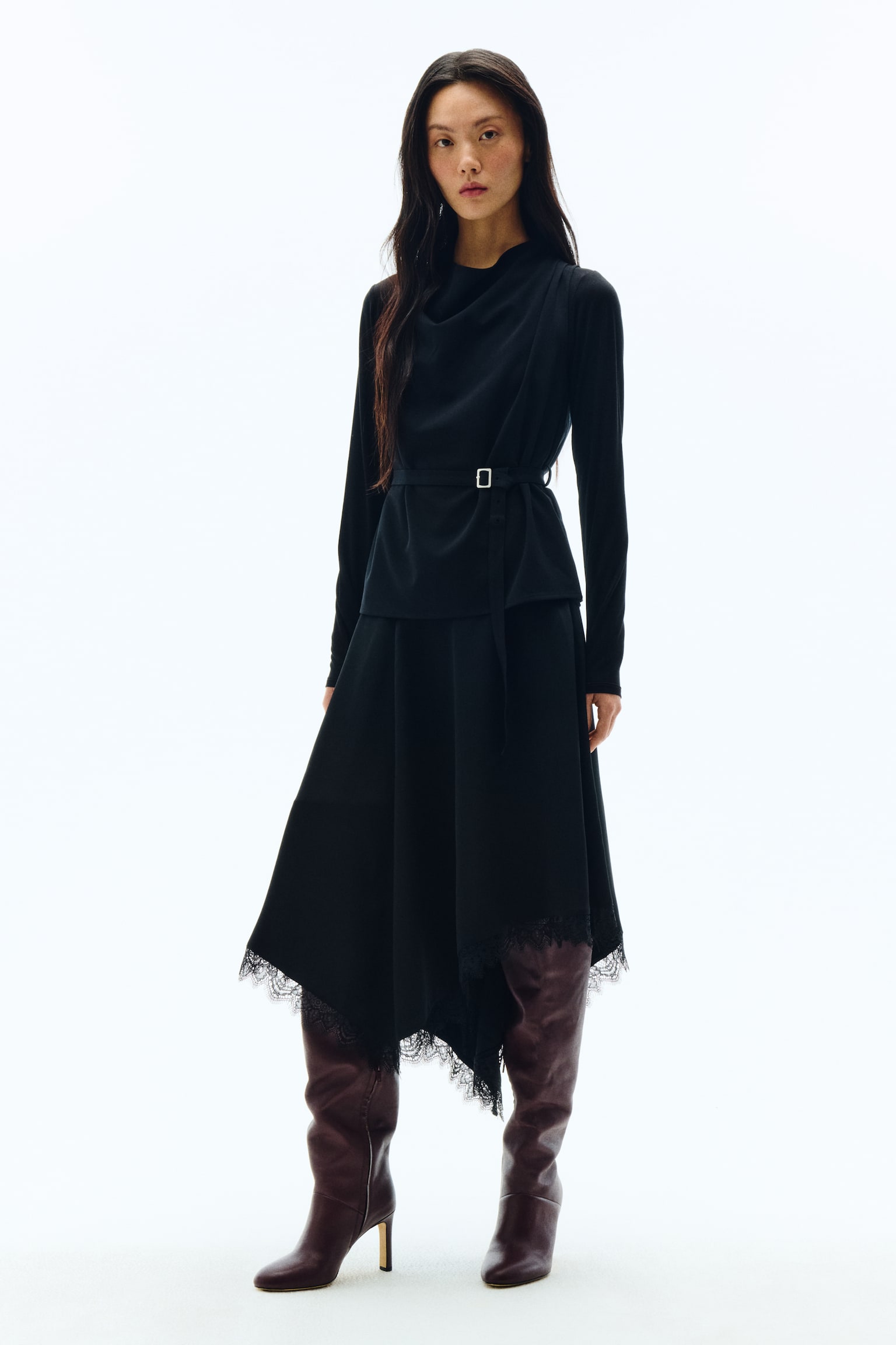 레이스 디테일 어시메트릭 스커트 - 블랙 - 3