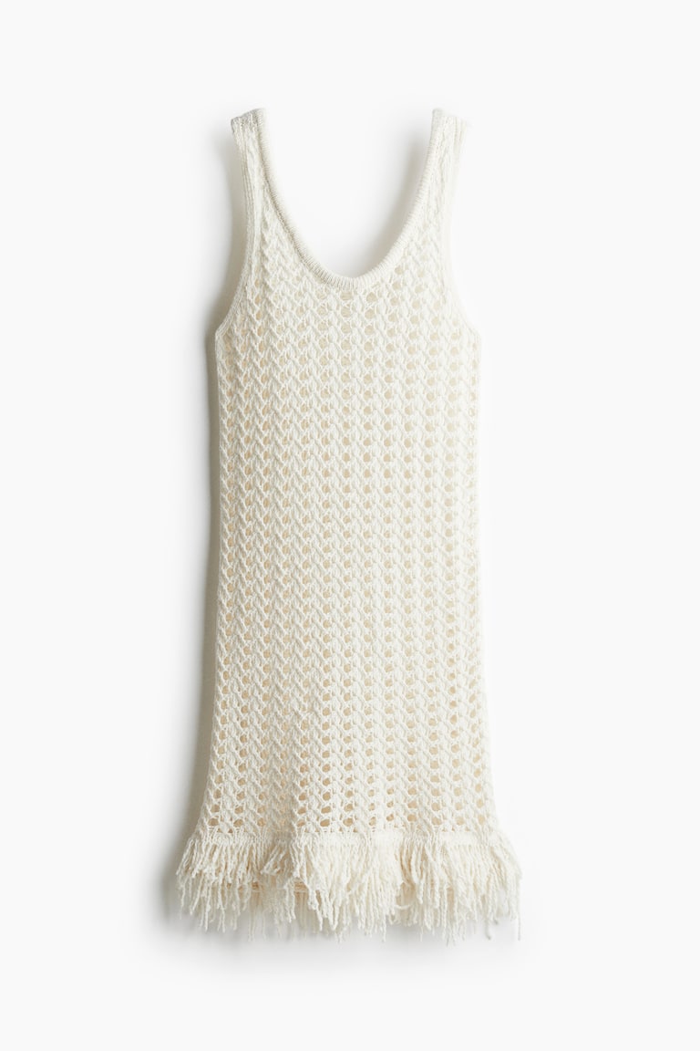 Fringe-Trimmed Hole-Knit Dress - White