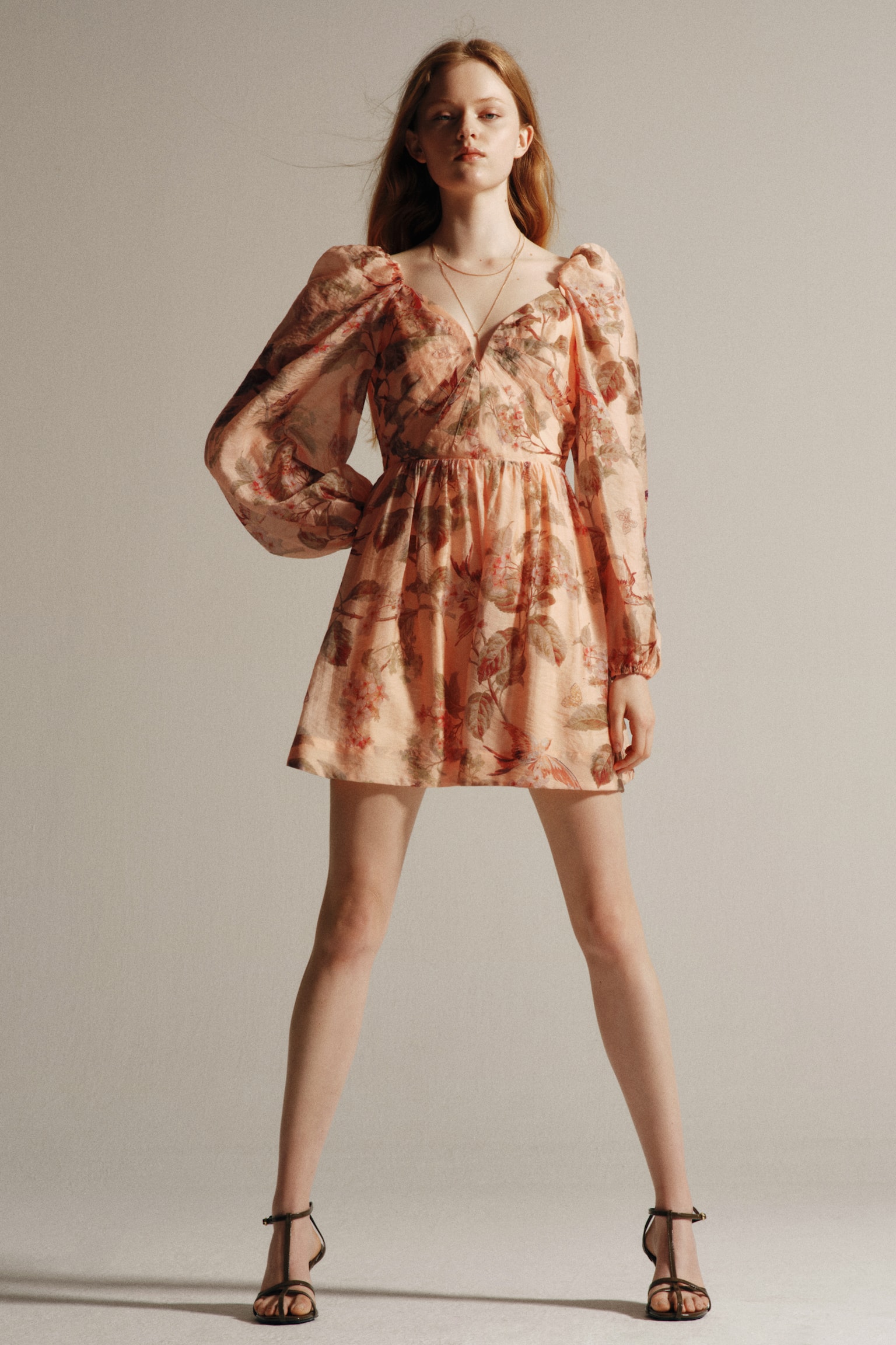 Vestido de mangas abombadas con lazos - Rosa durazno/Floreado - 5