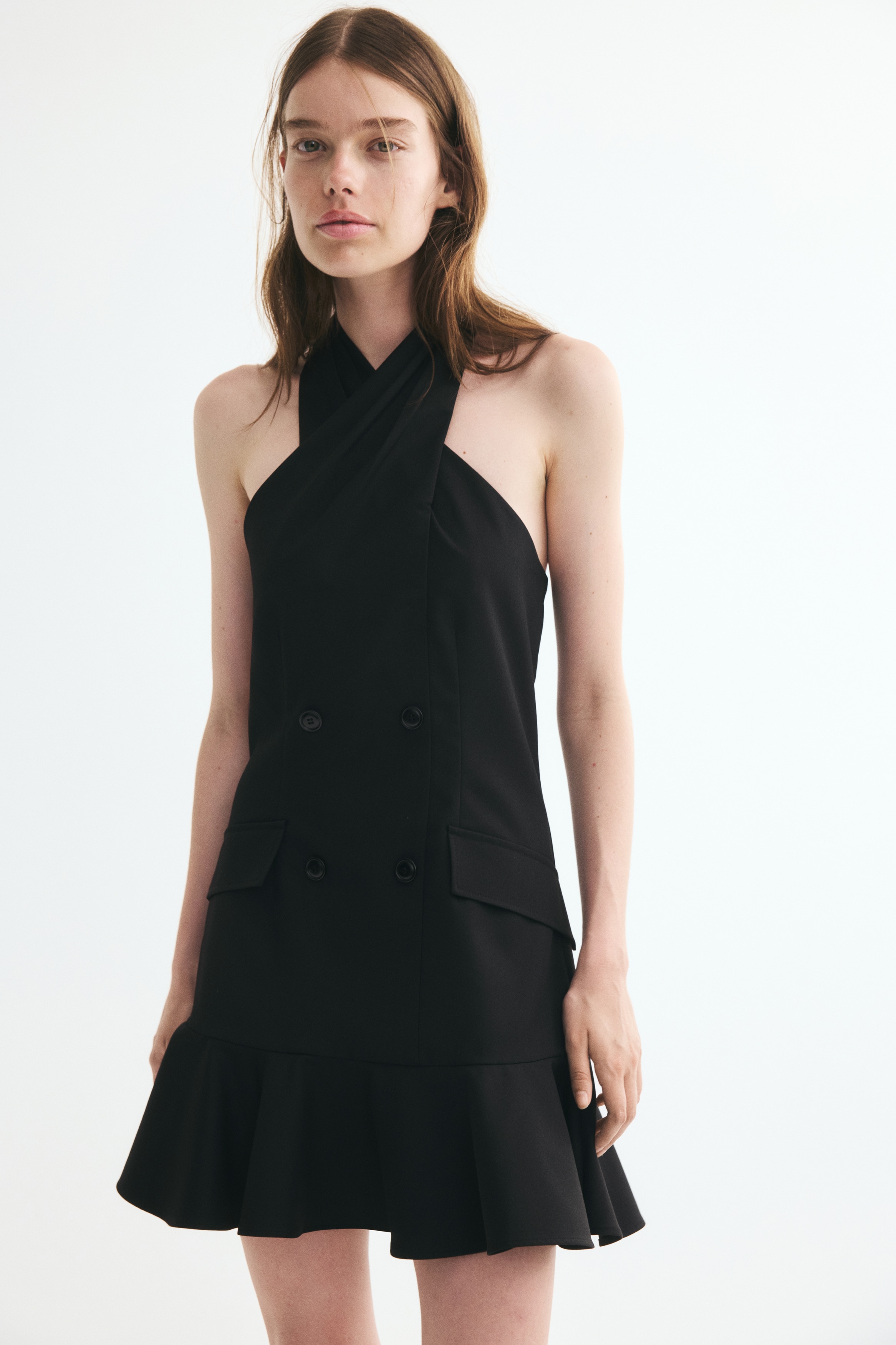 h&m black ruffle dress M NWT The Wardrobe fitted dress in woven fabric featuring a round neckline with a button at the back Black Dresses | Mini, Midi