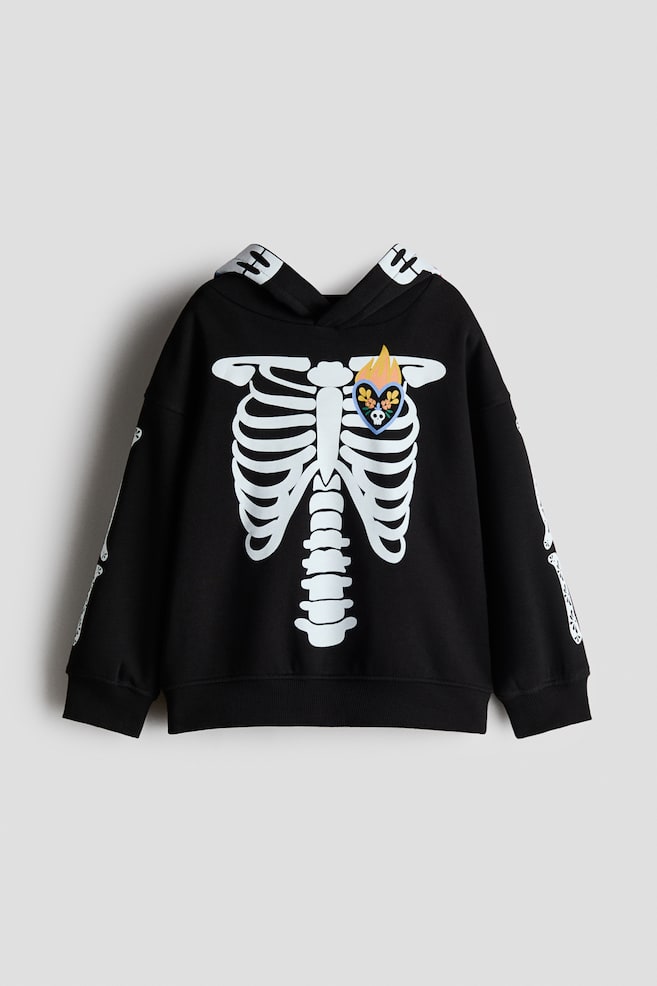 Print-Motif Brushed-Inside Hoodie - Black/skeleton - 1