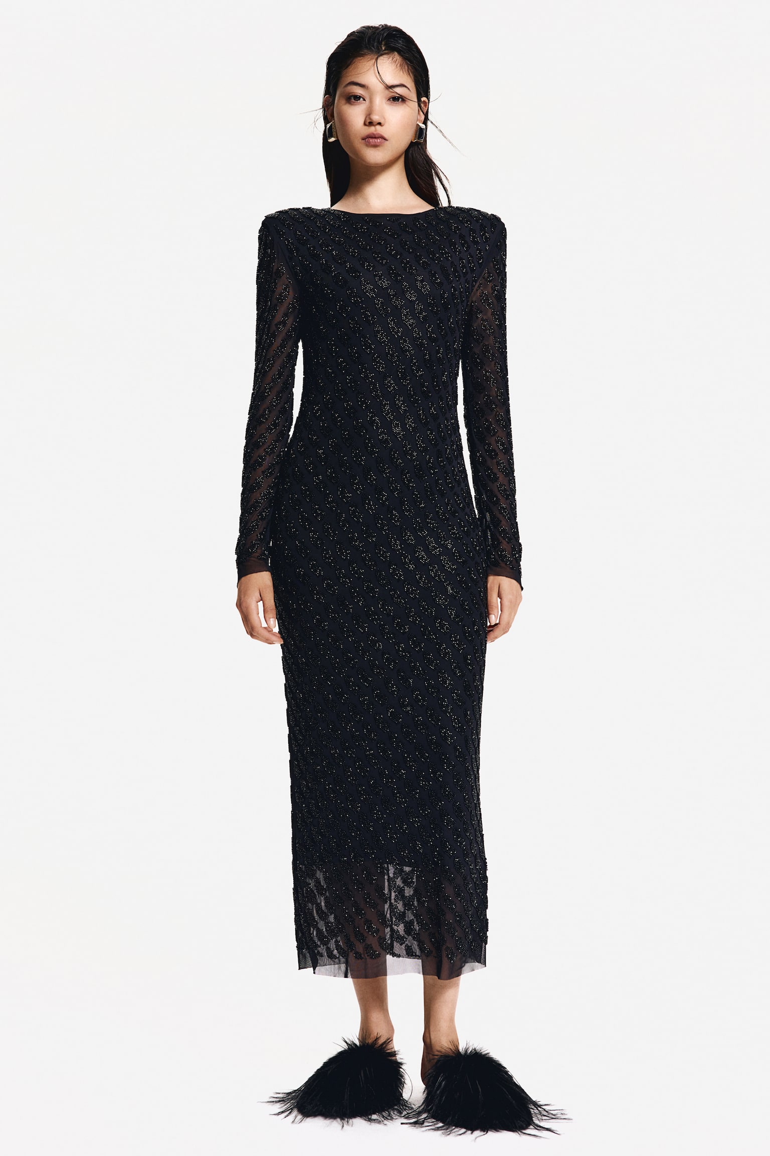 Bead-embellished mesh dress - Black - 1