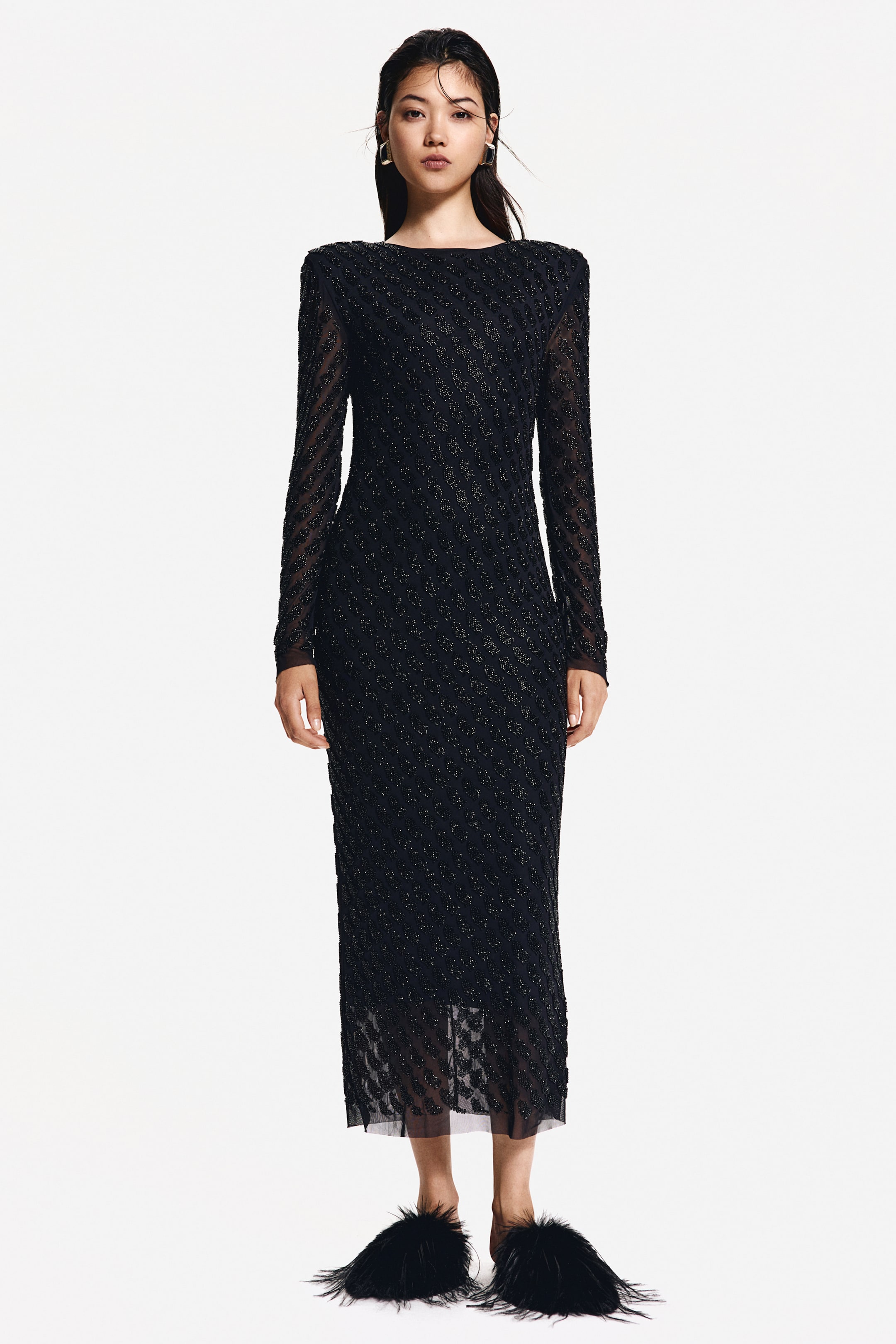 Bead-Embellished Mesh Dress