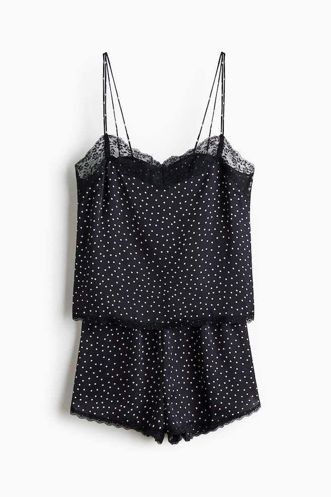 Lace-Trimmed Satin Pajamas - Black/polka dot/White/Cream/polka dot/Light yellow/Light blue - 1