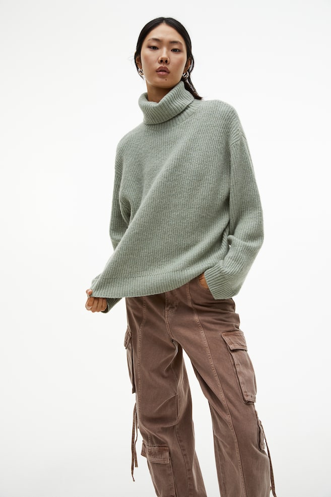 Rib-knit polo-neck jumper - Sage green/Grey marl/Light beige - 5
