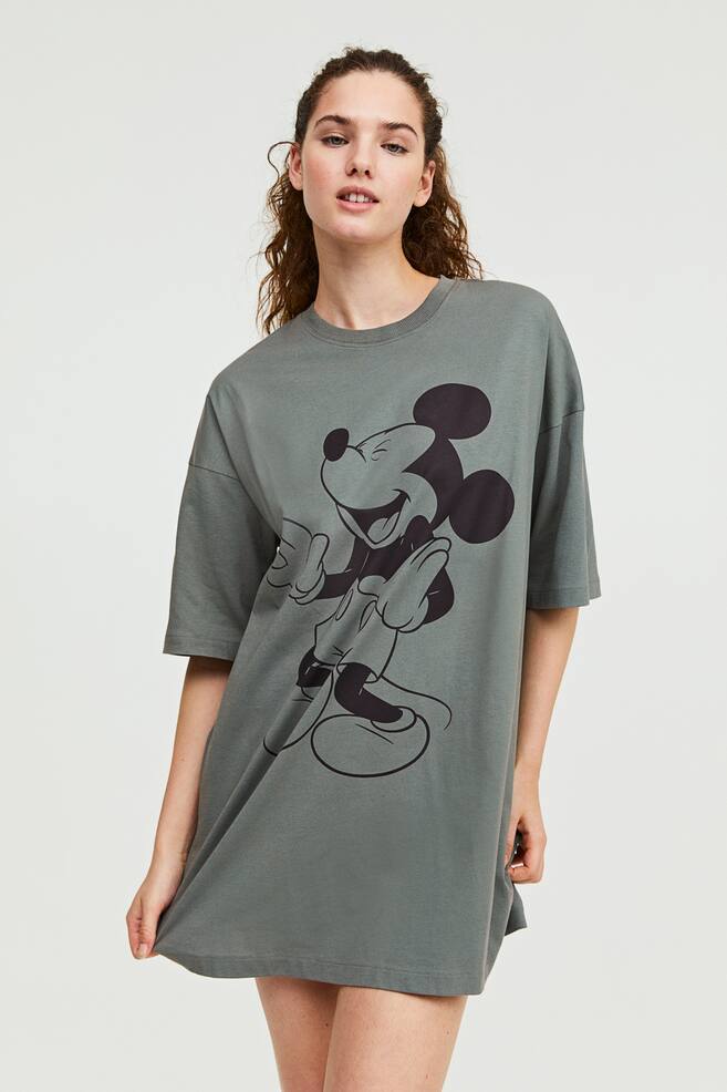 Oversized printed nightdress - Dusky green/Mickey Mouse/Grey marl/Snoopy - 1