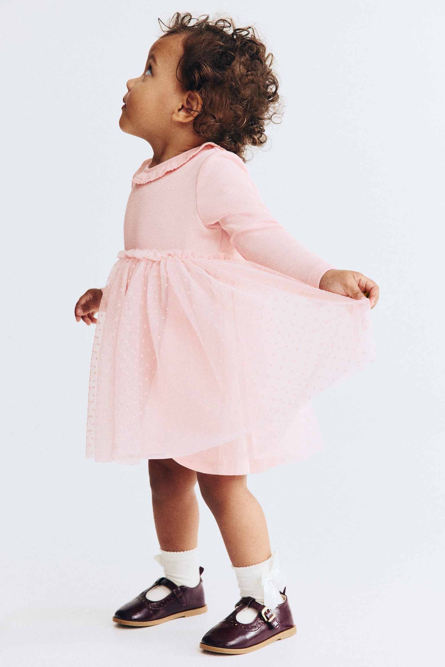 Tulle-skirt cotton dress - Light pink/Brown/Hearts - 1