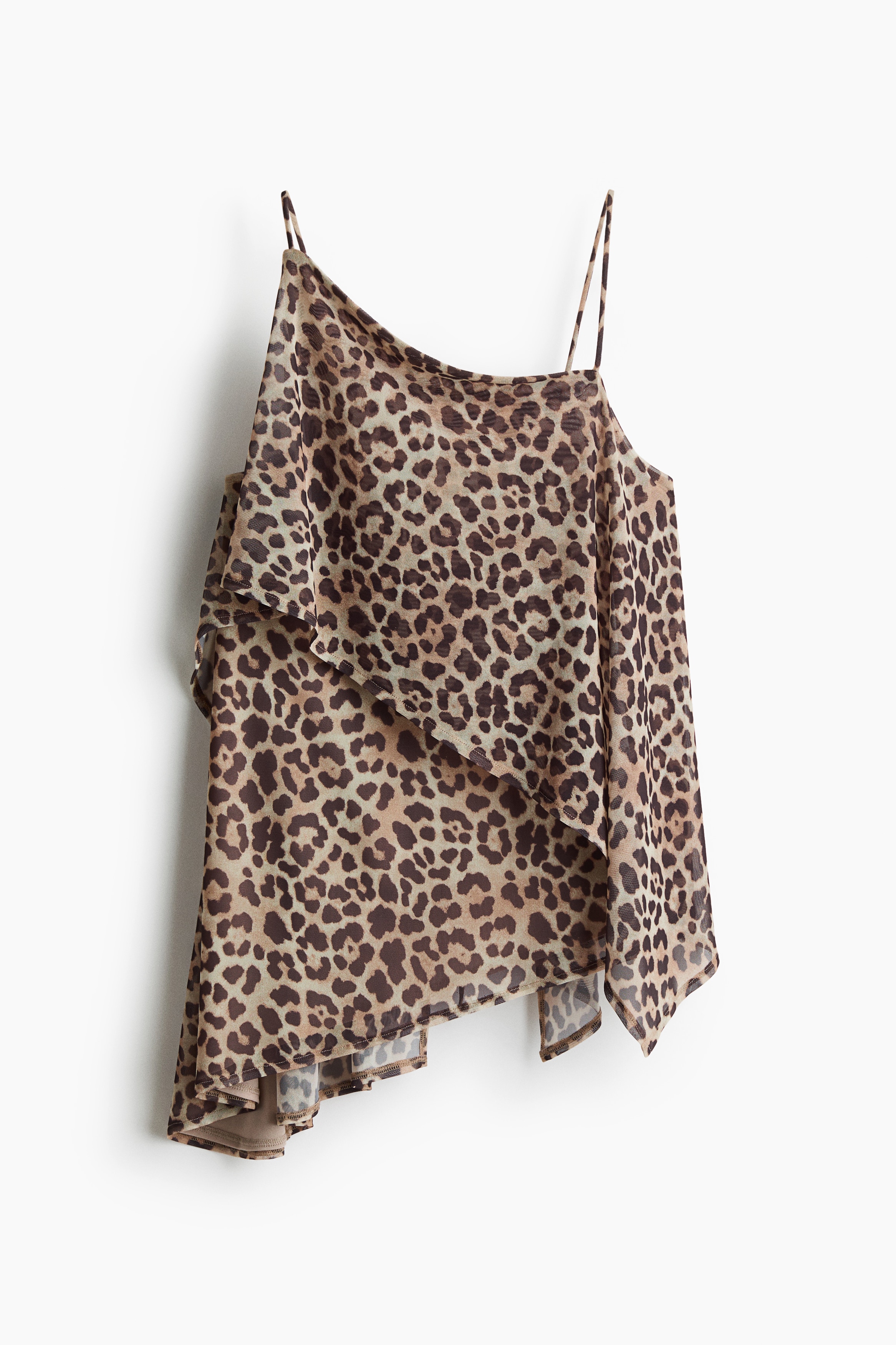 Asymmetrisches Mesh-Top - Hellbeige/Leopardenprint