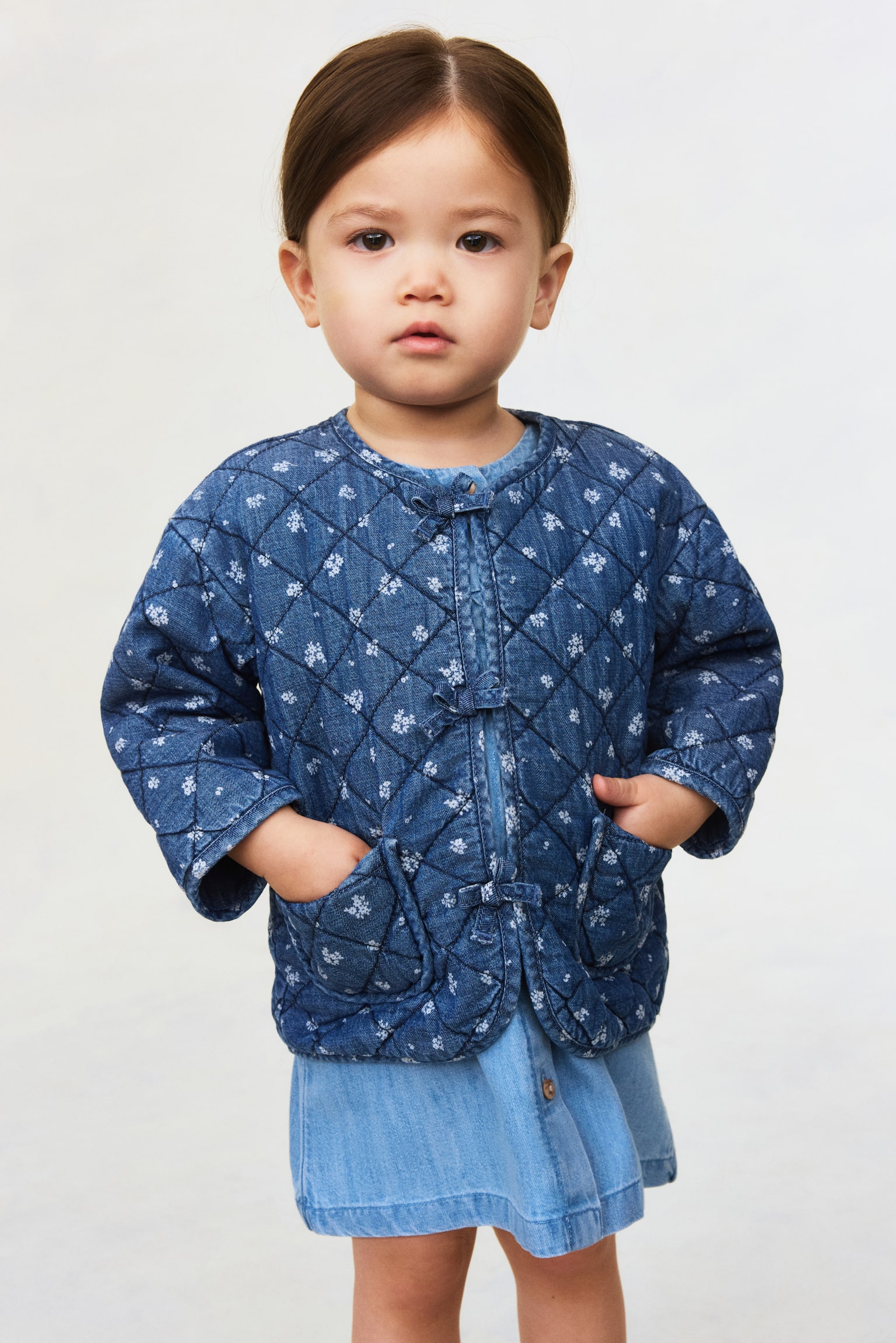 Prošívaná džínová bunda - Denim blue/květiny - 4