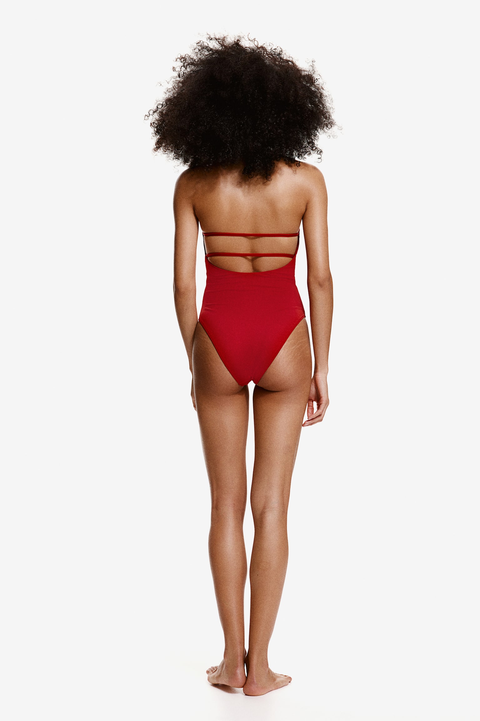 Padded Cup High Leg Bandeau Swimsuit - Red - 4