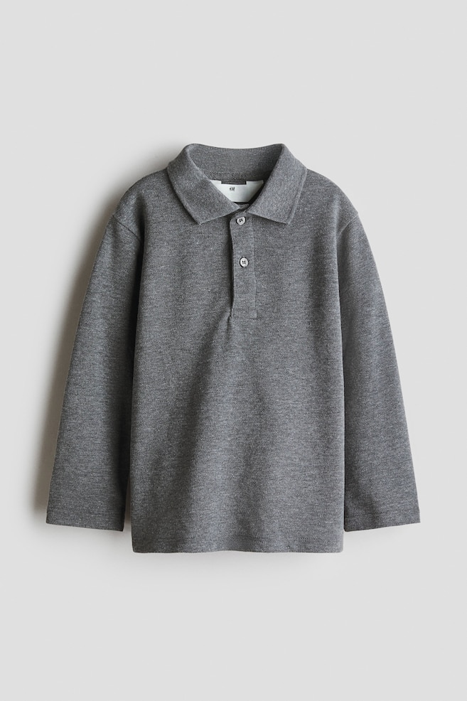 Long-Sleeved Cotton Polo Shirt - Gray melange - 1