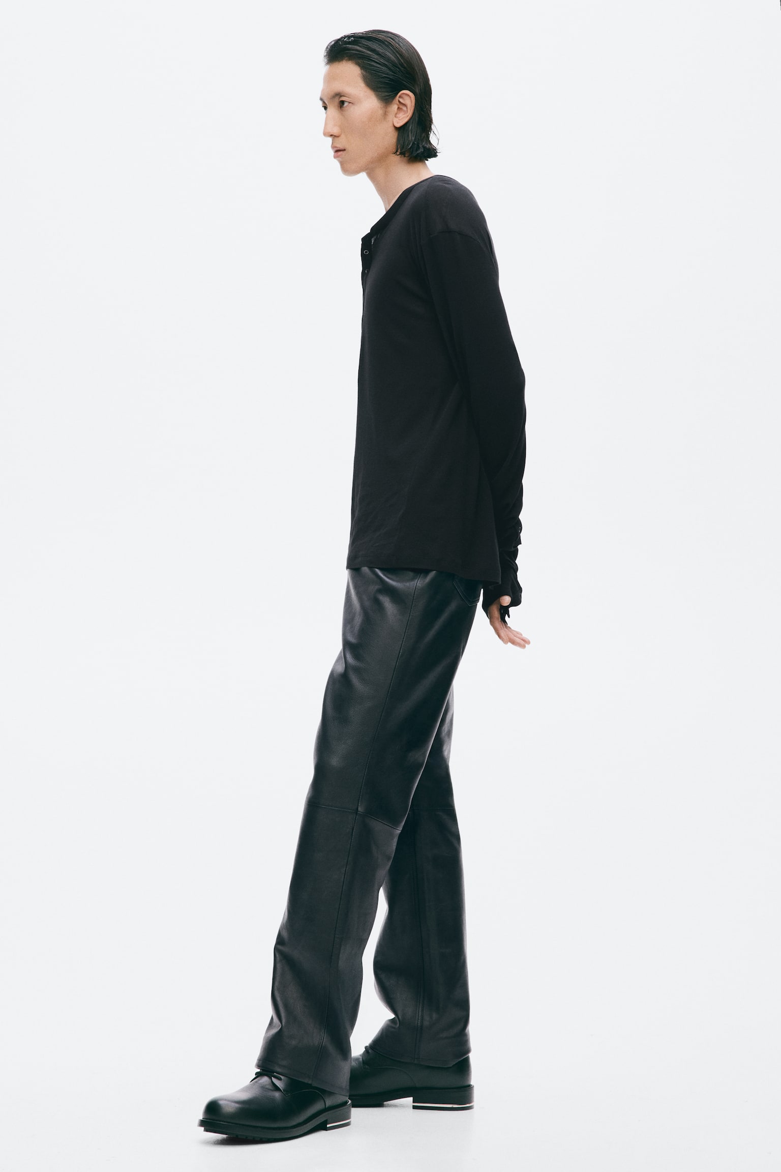 Мужская рубашка H&M Slim-Fit Cotton Henley, цвет: Чёрный — фото 6