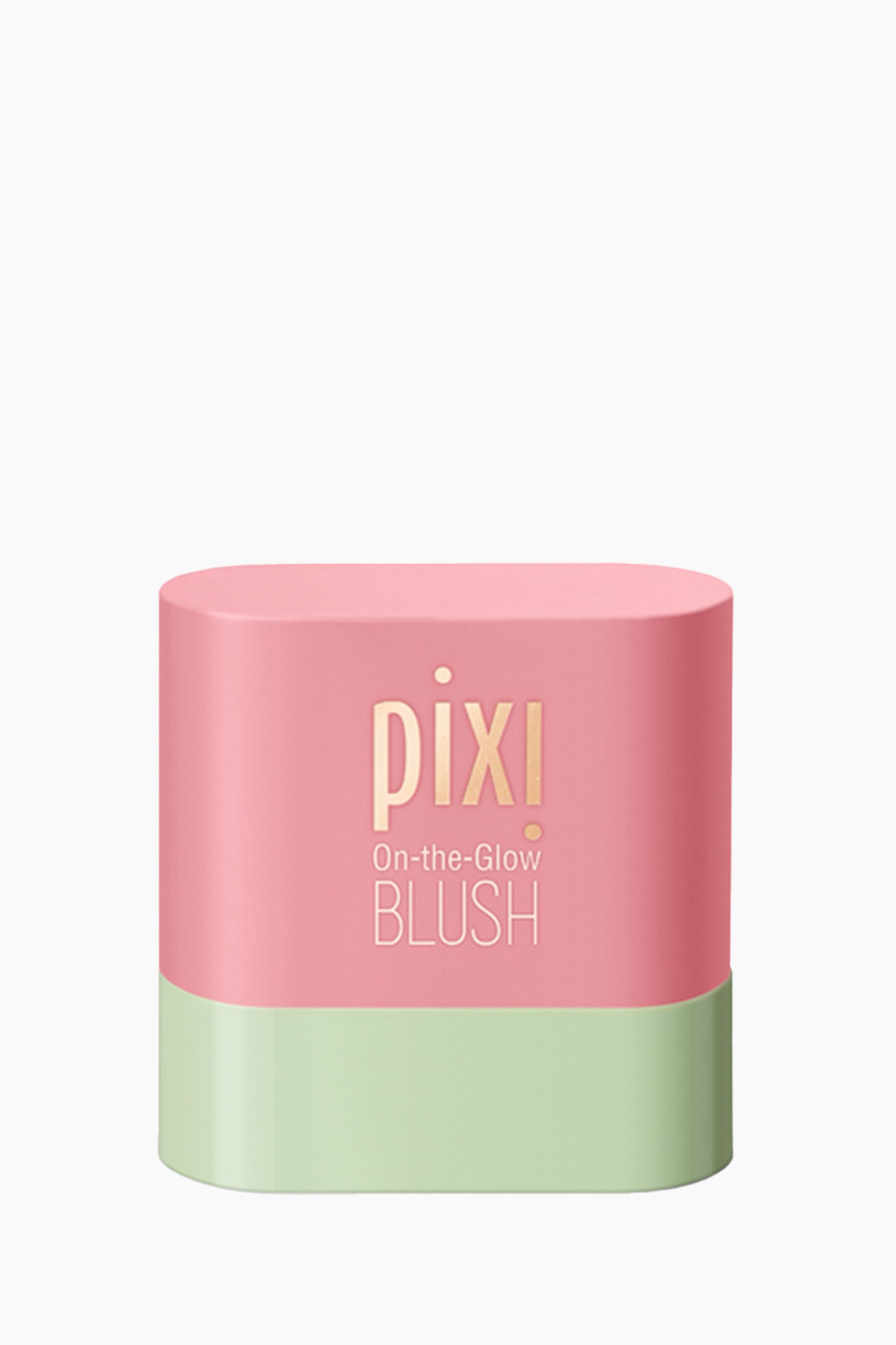 Visa större bild: En Pixi On-the-Glow Blush-sticka står upprätt och vänd mot betraktaren. Den har en rektangulär kropp med rundade vertikala kanter, färgad rosa på de övre två tredjedelarna och ljusgrön på den nedre tredjedelen, med guldfärgad text på den rosa sektionen som lyder "pixi On-the-Glow BLUSH".
