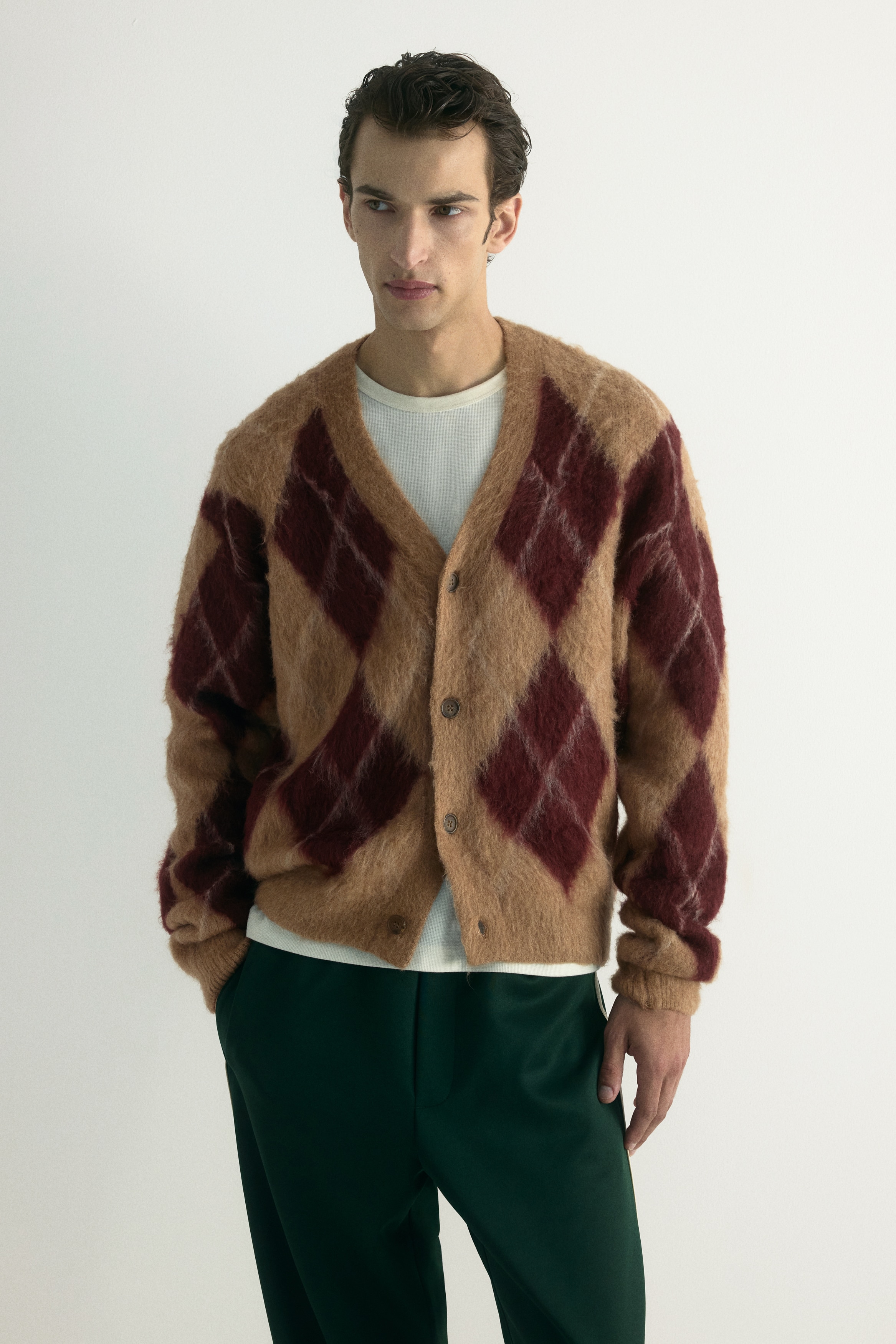 Lodden cardigan med løs pasform - Beige/Argylemønstret