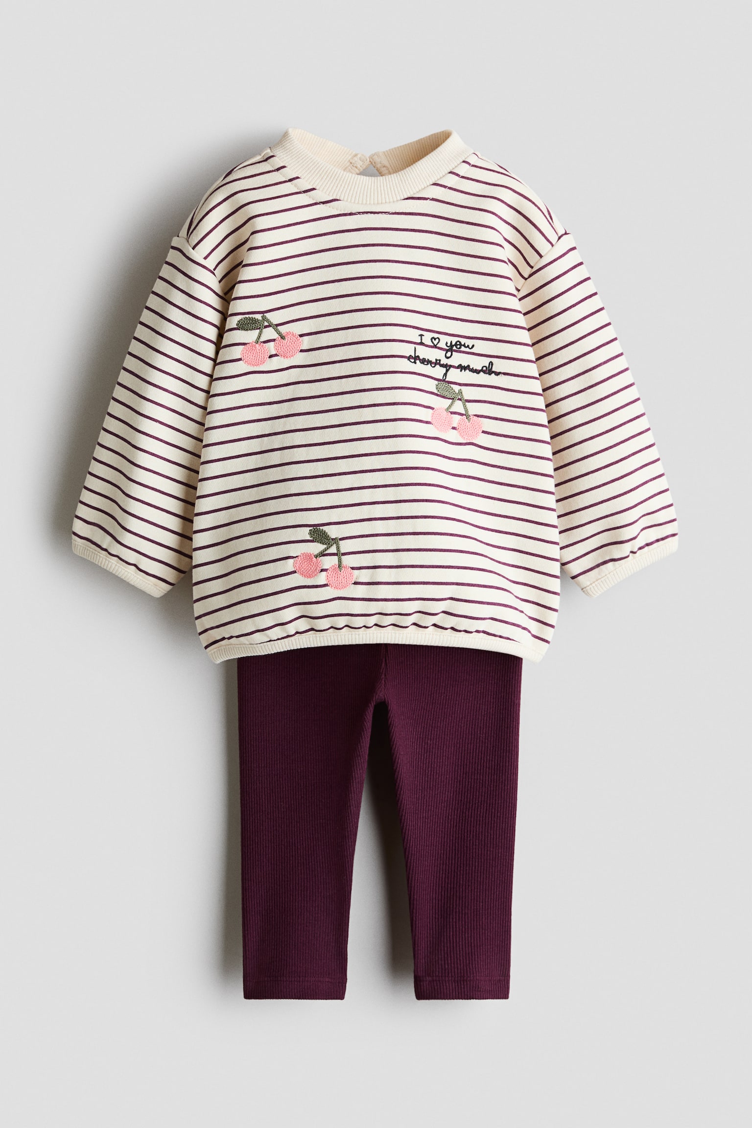 A two-piece children's outfit is shown from the front, consisting of a cream-coloured, long-sleeved sweatshirt with horizontal maroon stripes and matching solid maroon ribbed leggings. The sweatshirt features a ribbed crew neck, cuffs, and hem, decorated with embroidered pink cherry designs and the text "I ? you cherry much" on the chest.