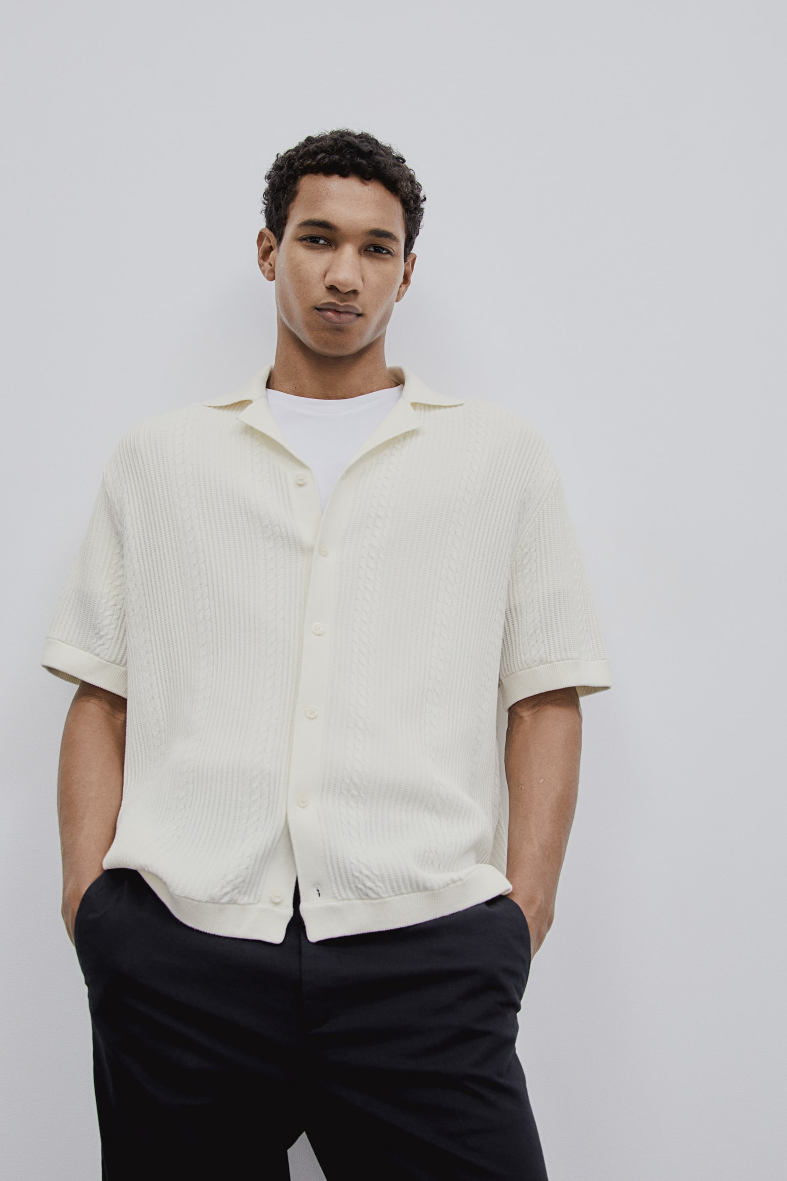 Regular Fit Textured Knit Resort Shirt - White/Black - 3