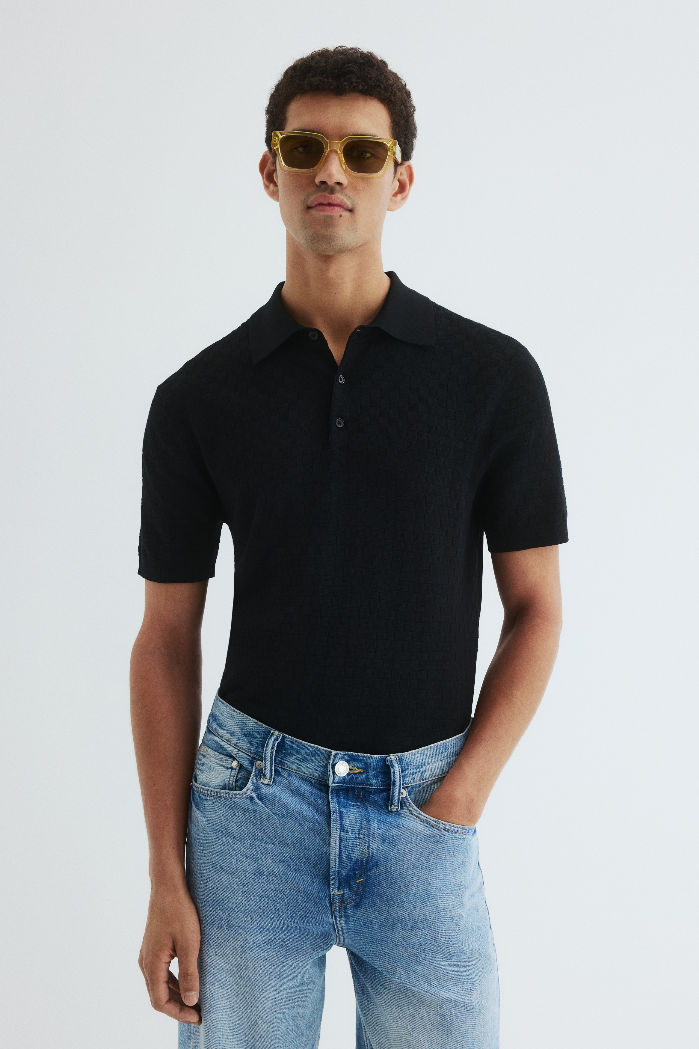 Slim-Fit Textured-Knit Polo Shirt - Black/Navy blue/Beige/White