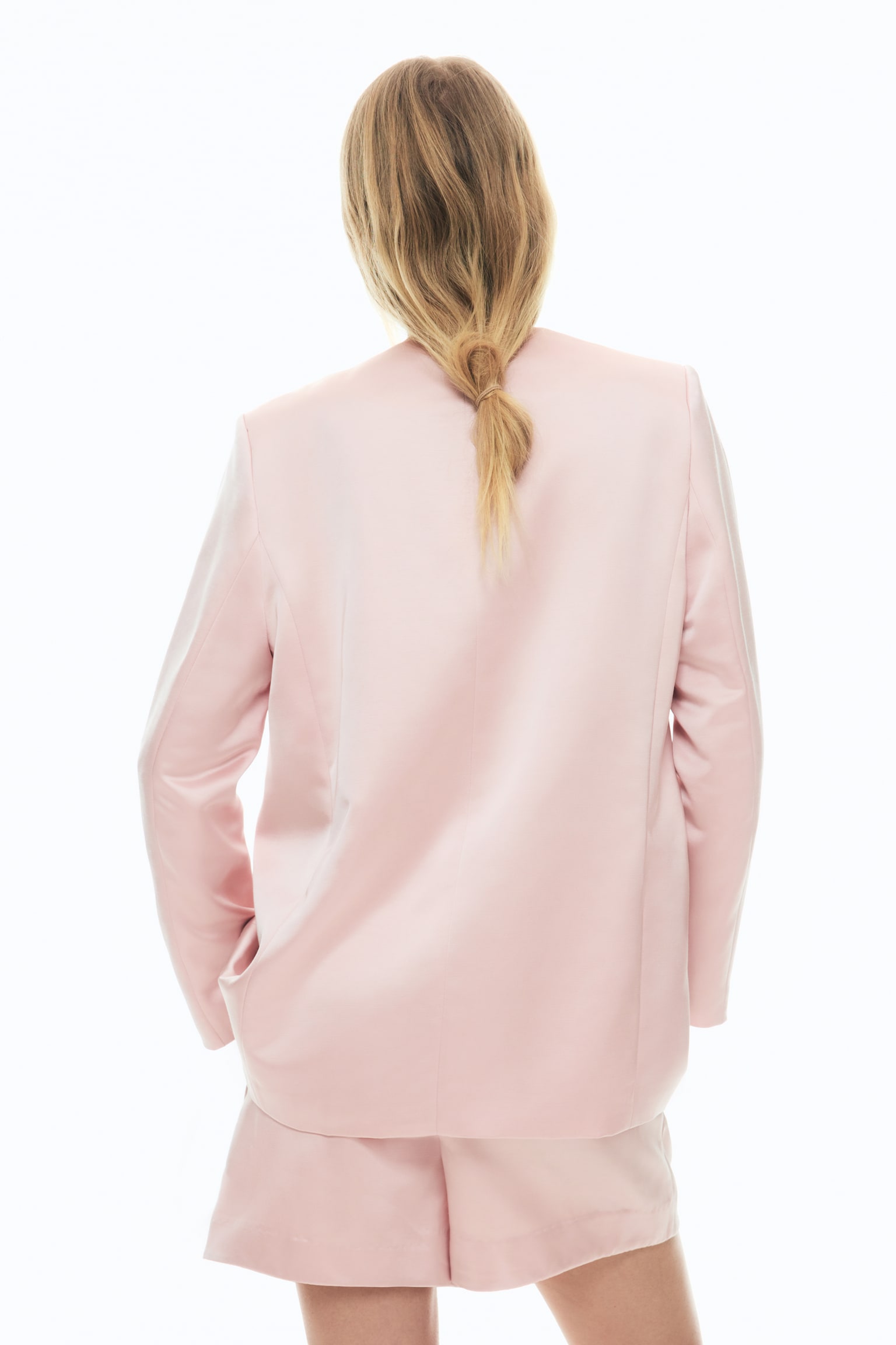 Collarless Satin Blazer - Light pink - 3