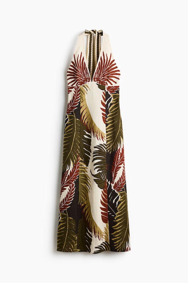 Leinenkleid mit Neckholder - Weiß/Palmenblätter - 1