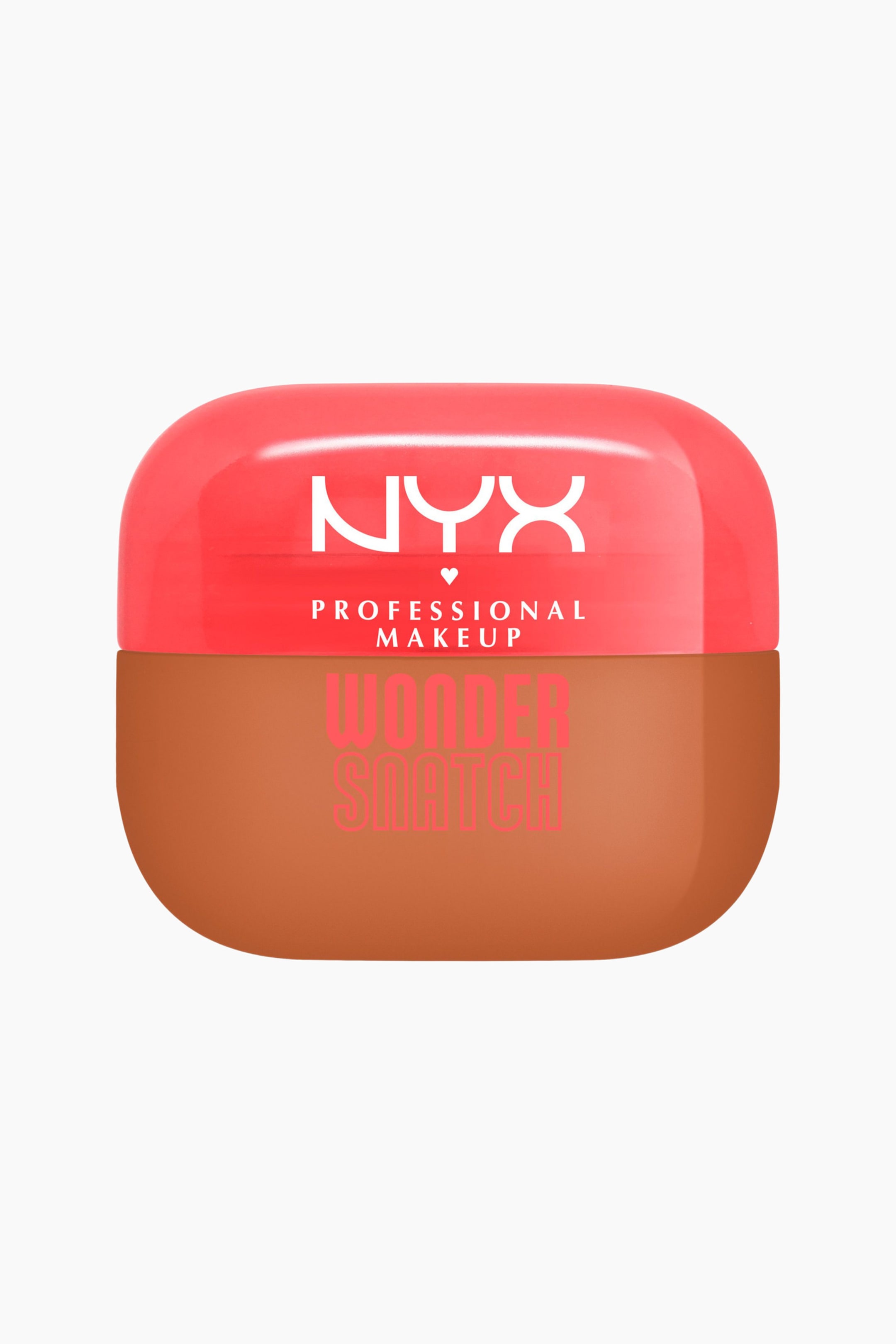 Se større billede: En frontvendt makeupbeholder med afrundede hjørner har et blankt, koralrødt låg med hvid tekst "NYX PROFESSIONAL MAKEUP" og en mat, mellembrun bund med koralrød tekst "WONDER SNATCH".