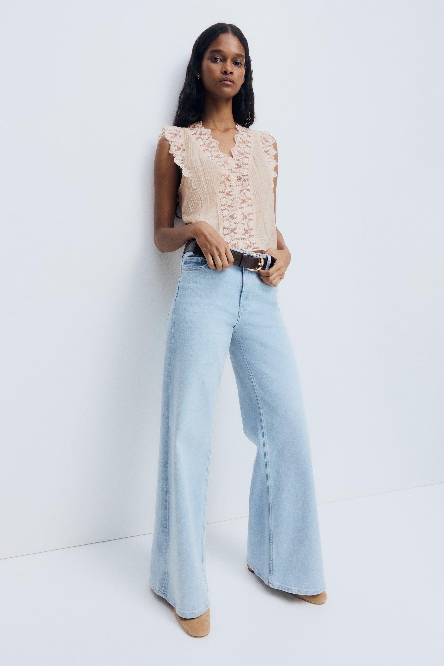 Lace-trimmed vest top - Light beige/Dark grey - 3