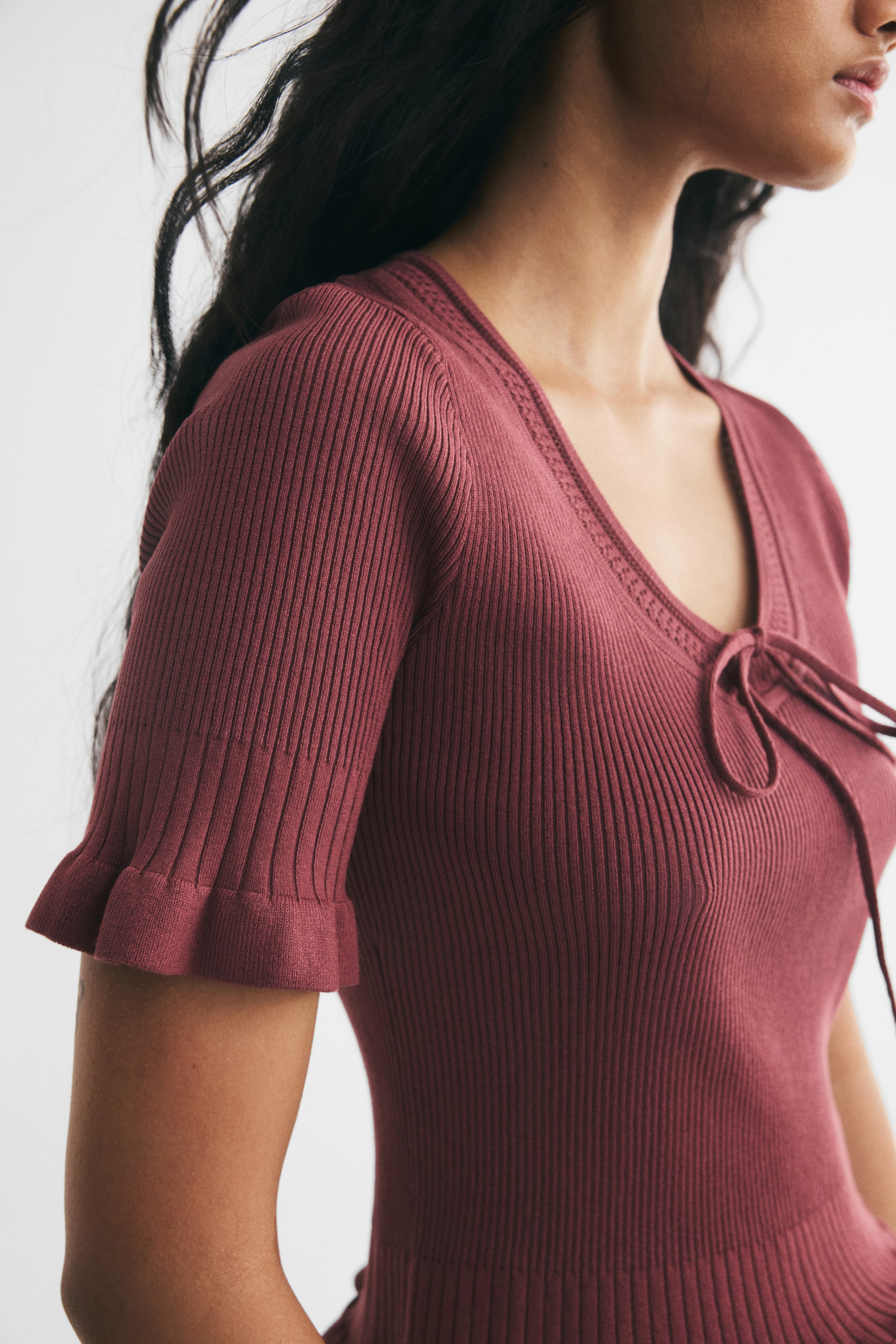 View larger image: Tie-detail rib-knit top - Rust red - Ladies | H&M IN 1