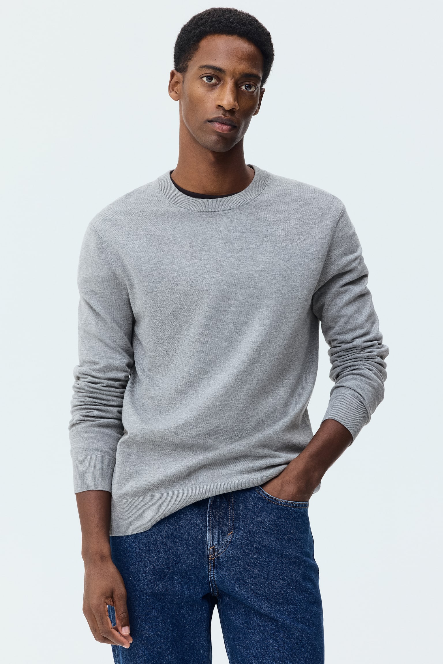 Suéter Regular Fit en tejido fino - Gris jaspeado/Azul tenue/Beige - 2