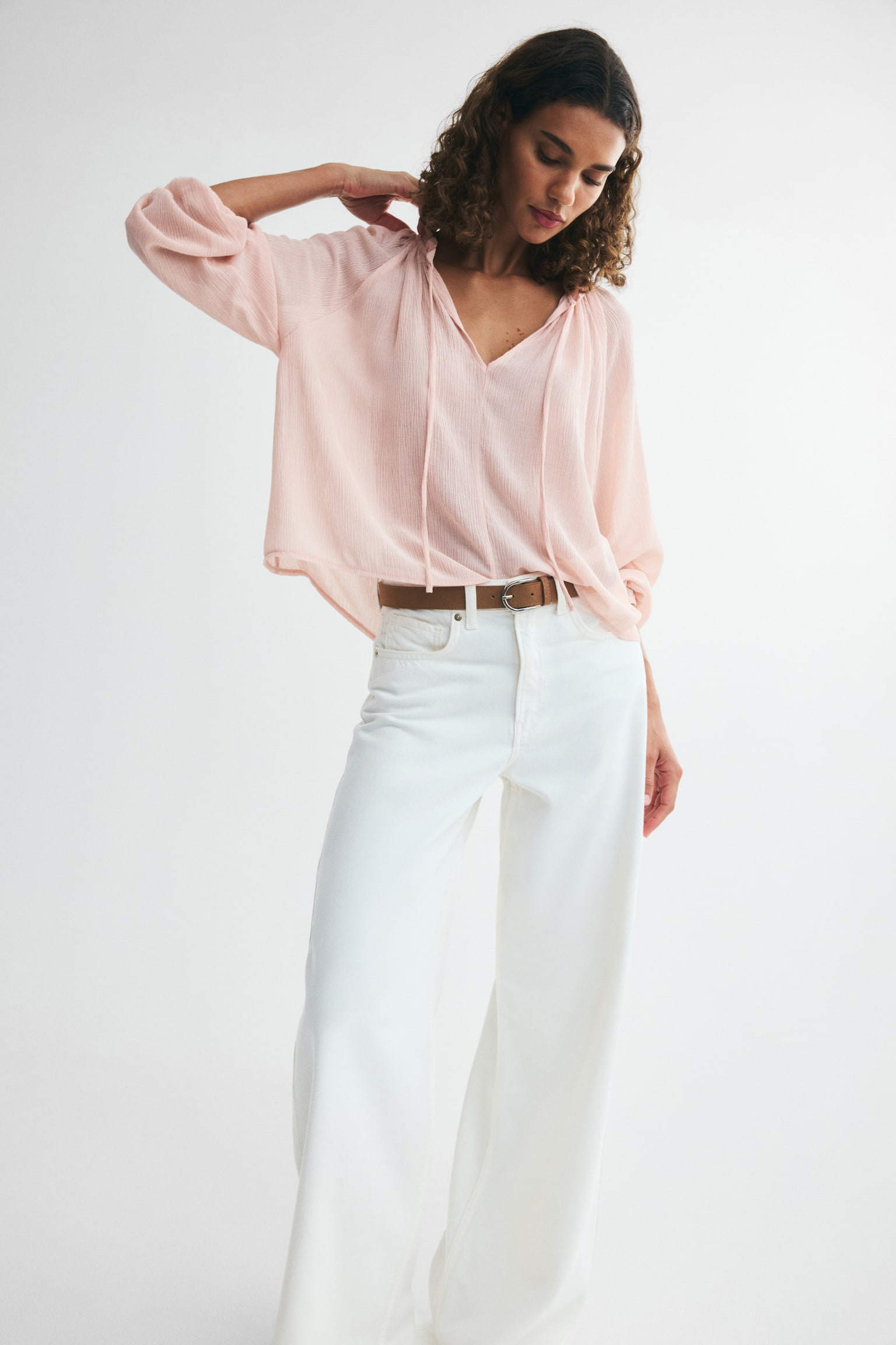 Balloon-sleeved viscose-blend blouse - Lys rosa/Creme - 1